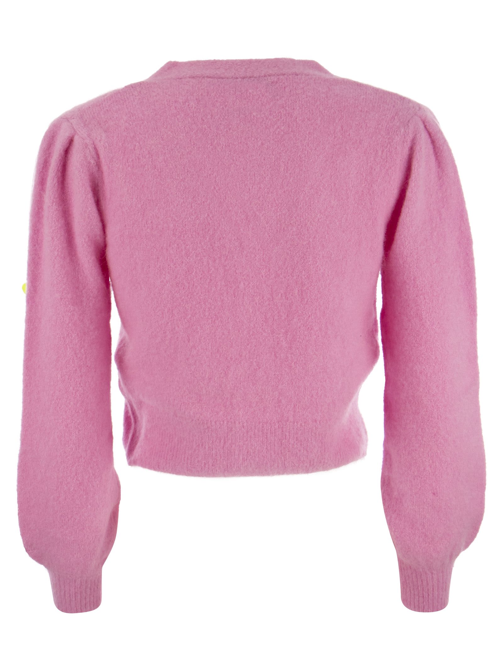 Shop Mc2 Saint Barth Brushed Knit Crop Cardigan And Caps In Pink
