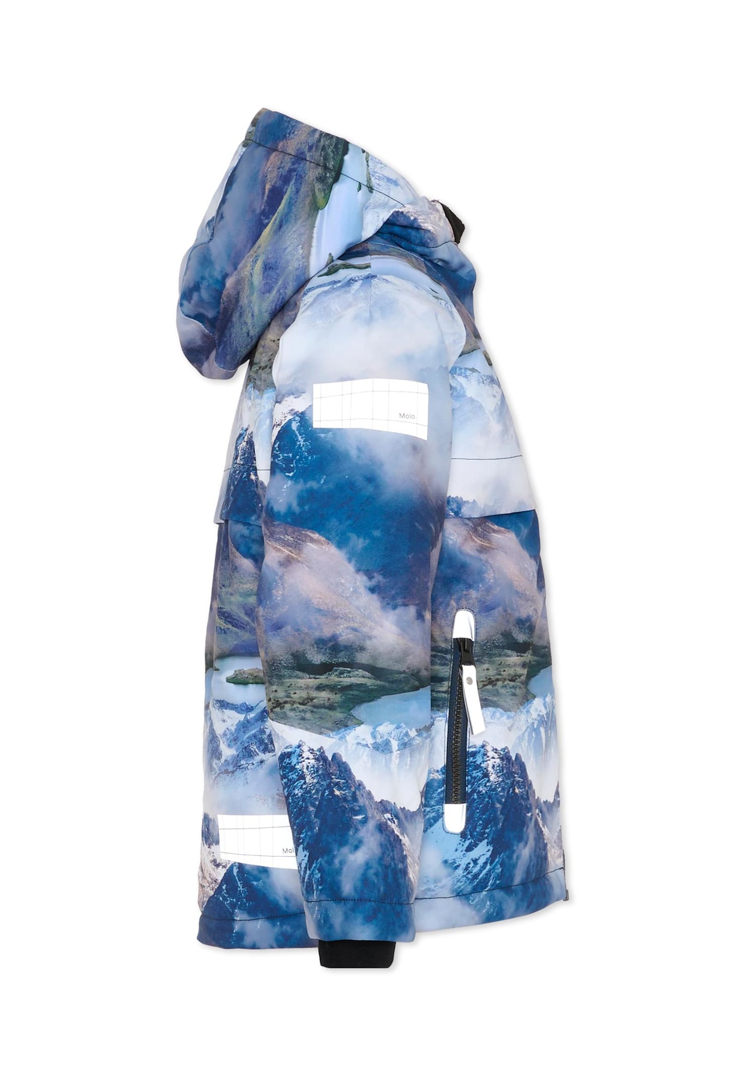 Molo Blue Down Snow Jacket For Boy With Mountain Print In Blue