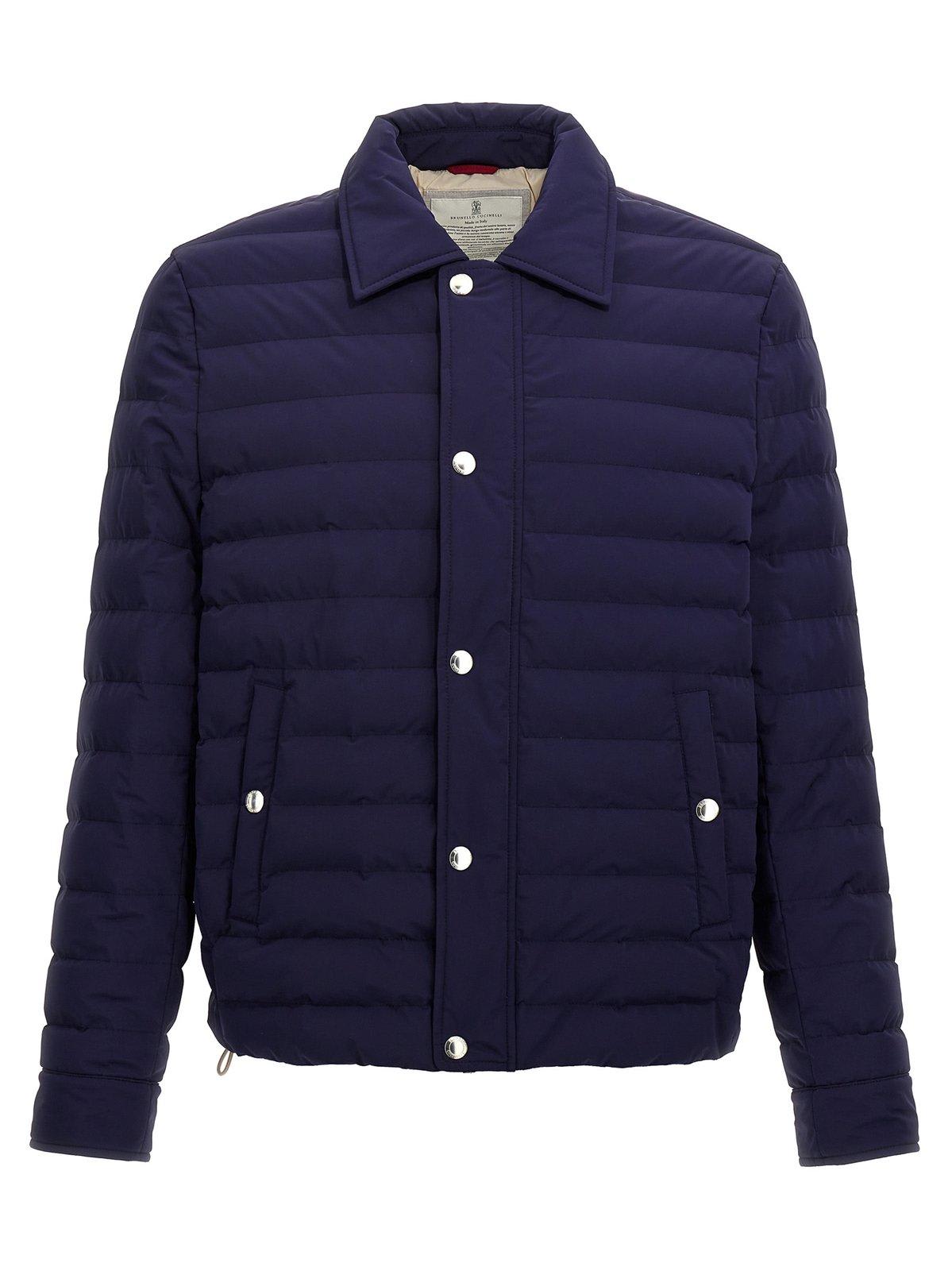 Shop Brunello Cucinelli Padded Shirt Jacket In Blu Indigo+semi Di Lino