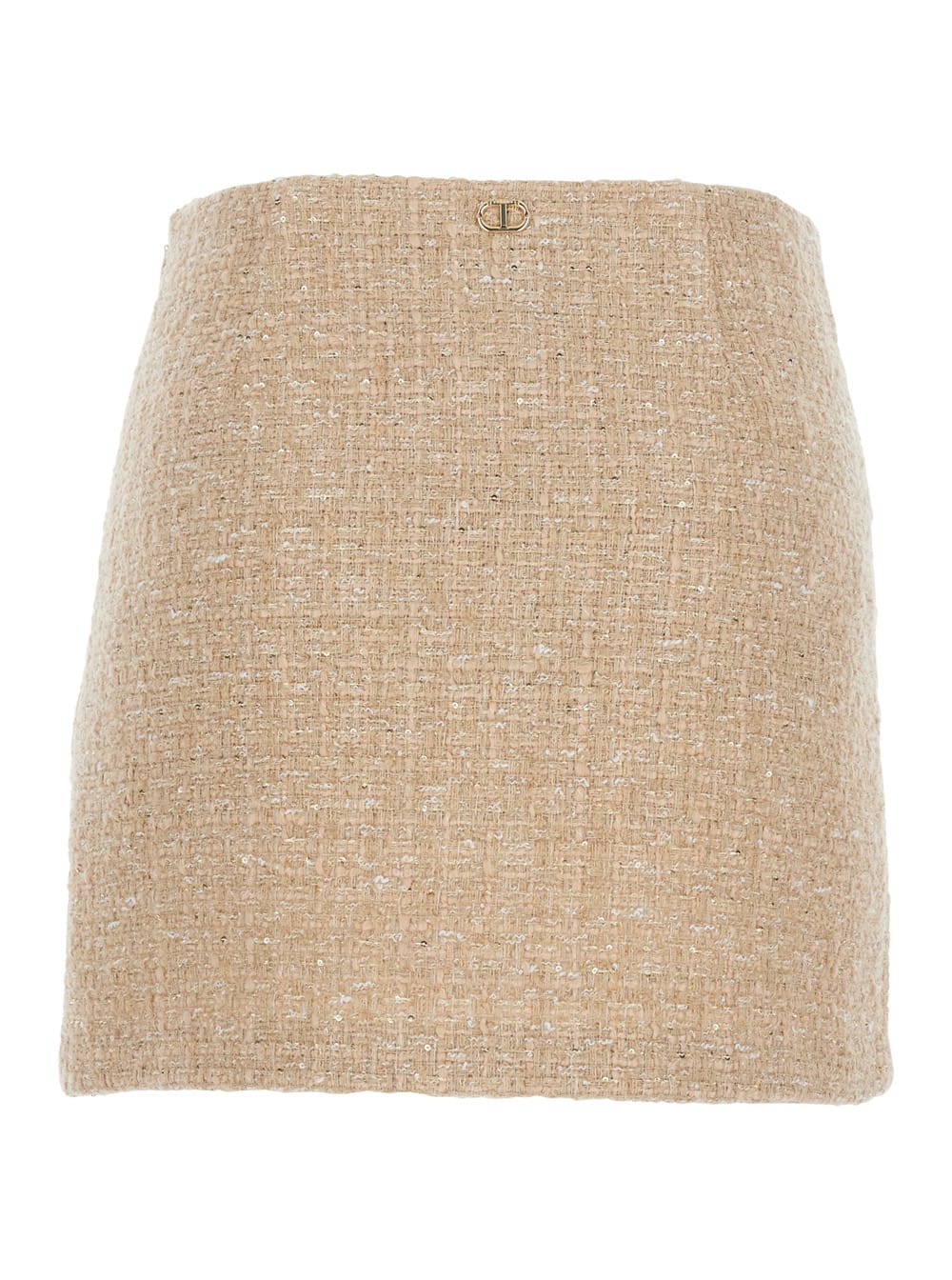 Twinset Beige Miniskirt With Pleated Details On The Front And Logo Plaque On The Rear In Tech Fabric Woman In Neutral