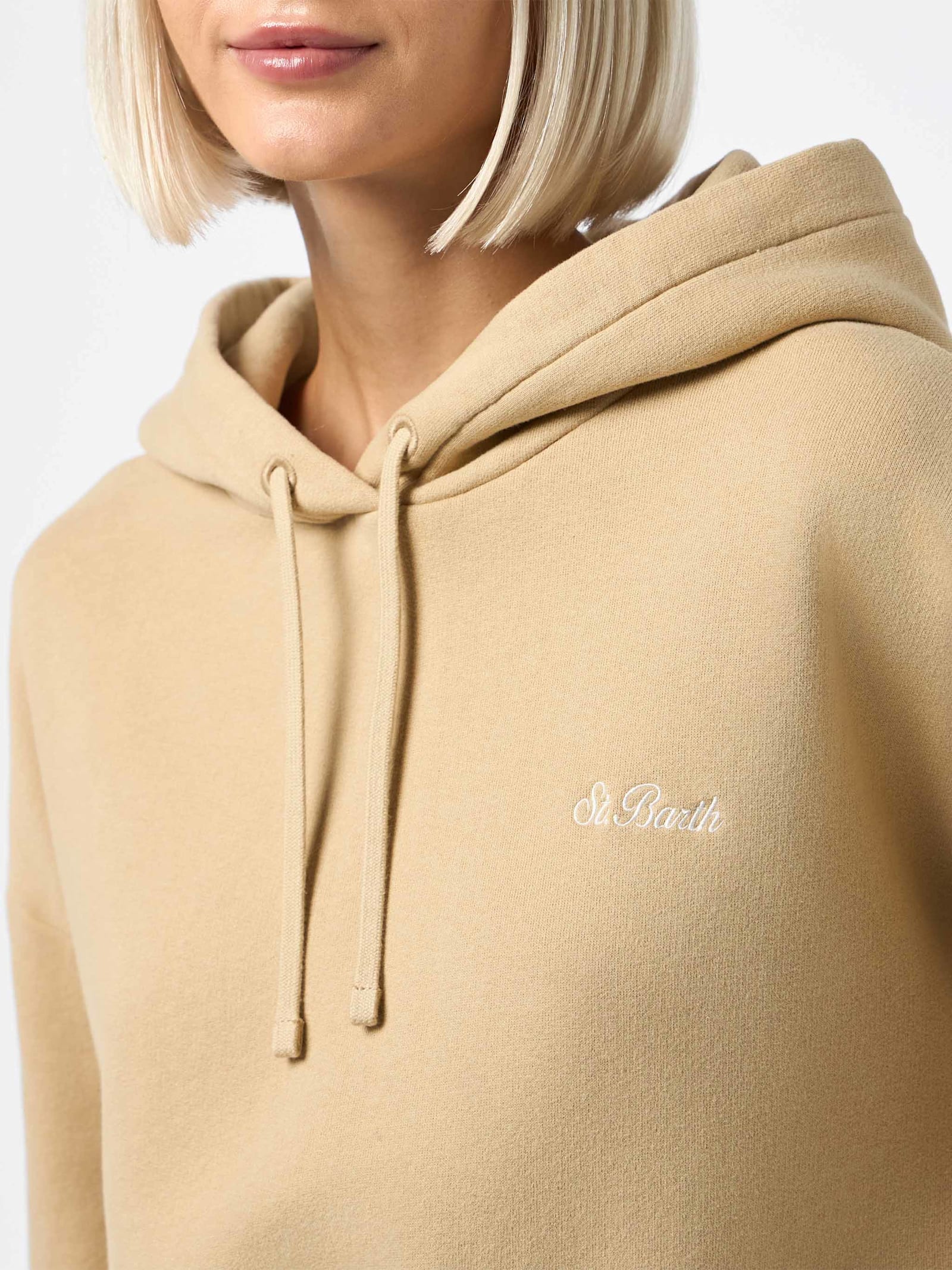 Mc2 Saint Barth Woman Beige Fleeced Cotton Hooded Sweatshirt Mindy In White