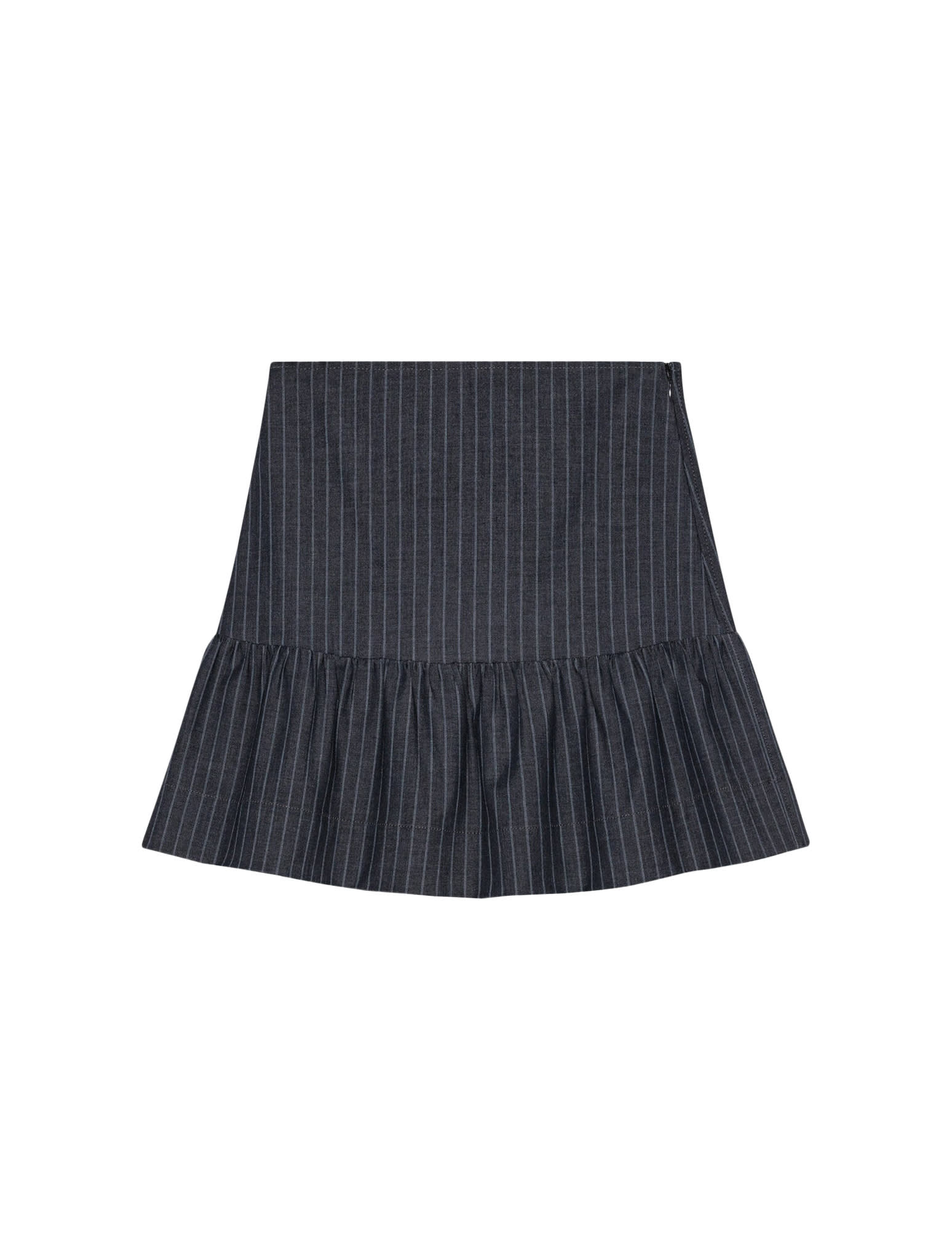 Shop Ganni Stretch Stripe Flounce Mini Skirt In Gray Pinstripe