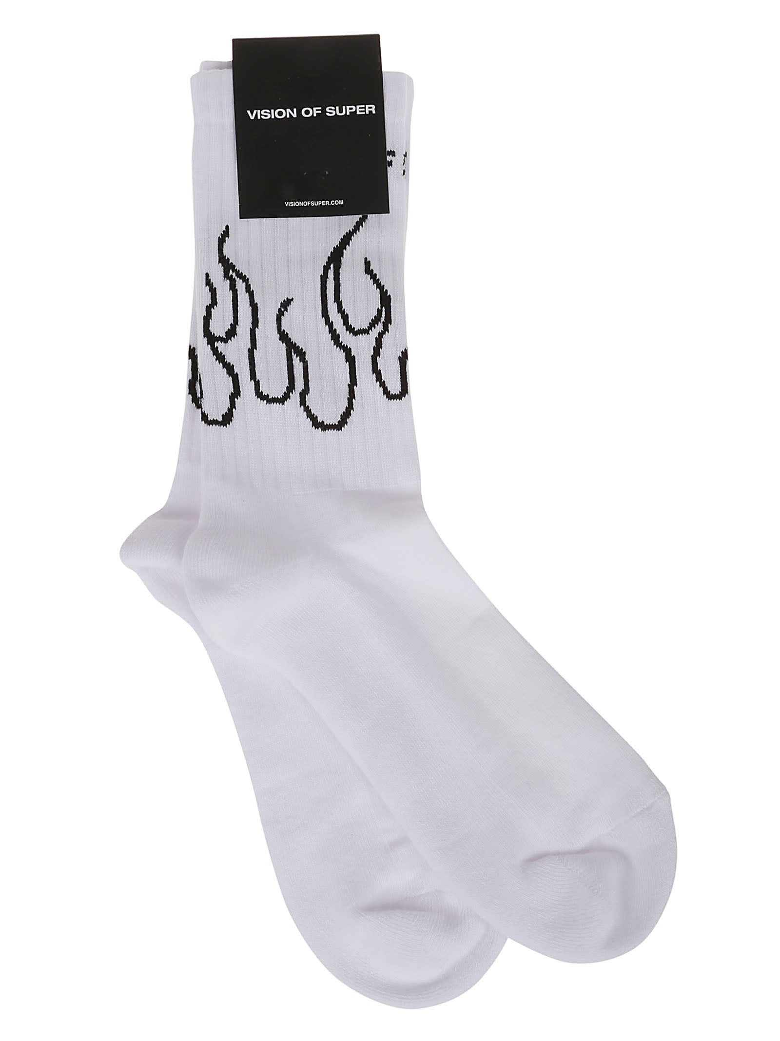 Vision Of Super White White Socks With Black Flame Contour In White Black