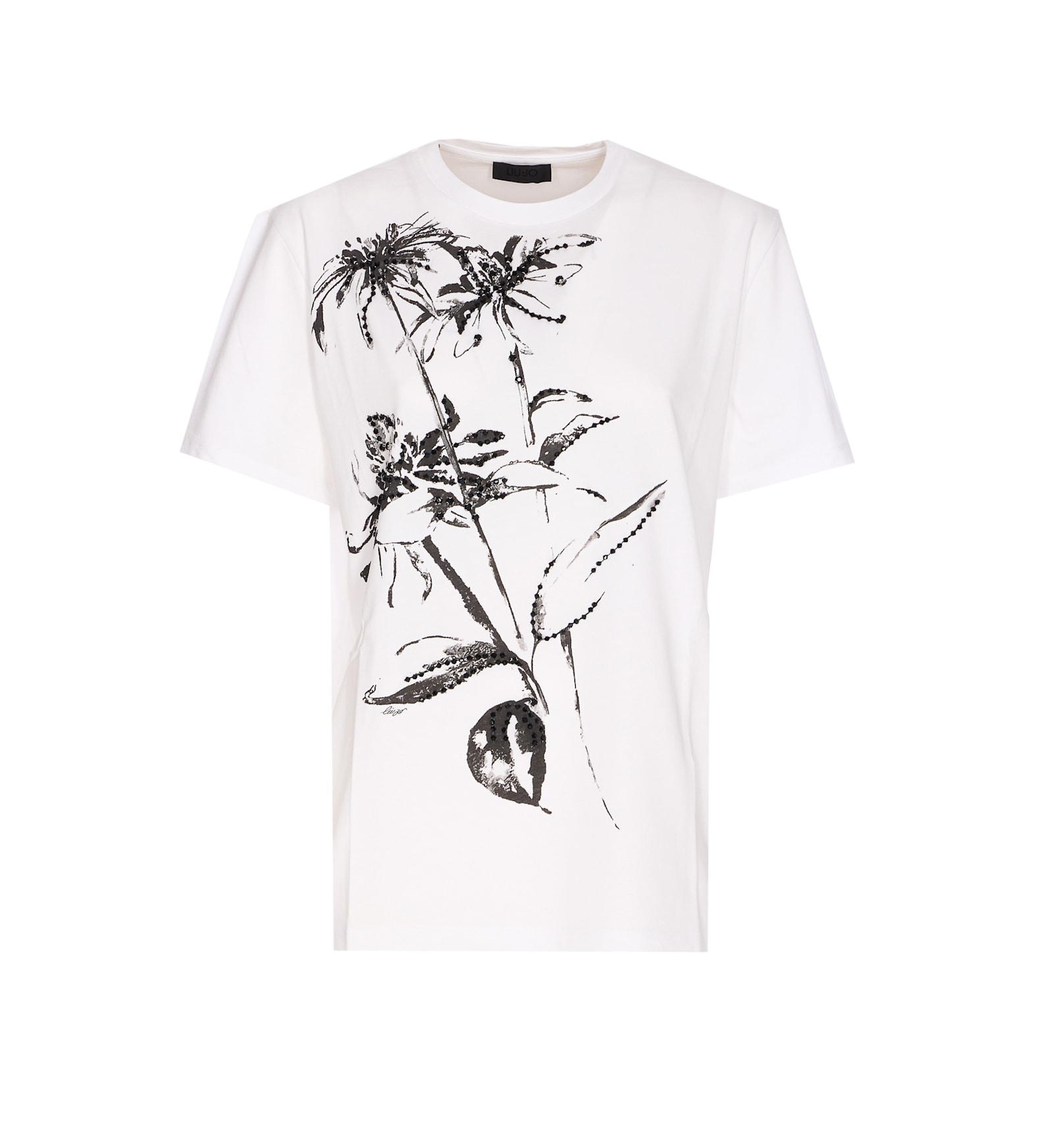 Liu •jo Floral Print Top With Strass And Sequins In White