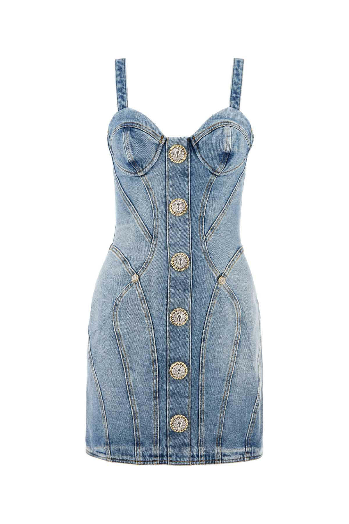 Shop Balmain Denim Mini Dress In Bleujeanclair