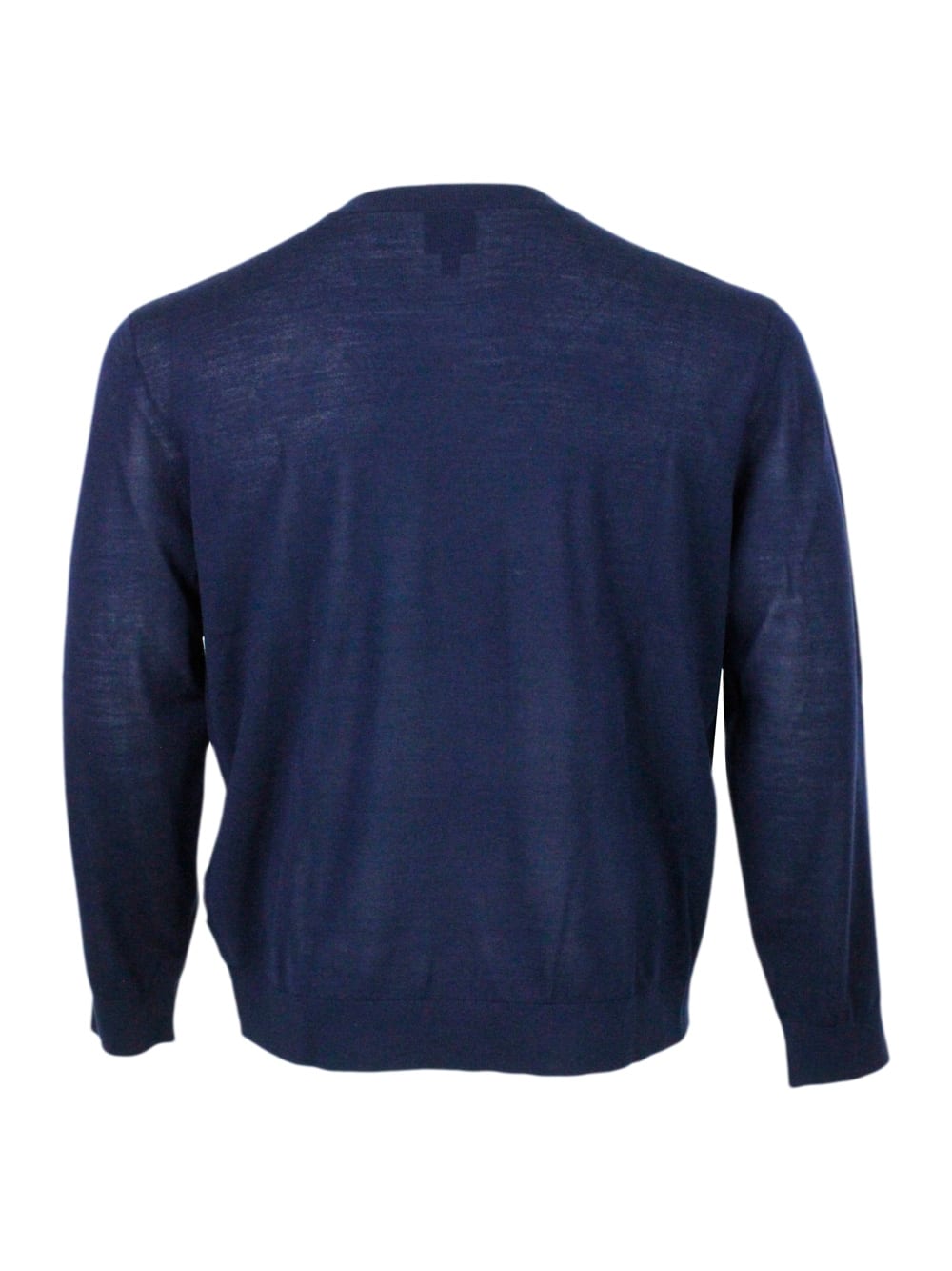Shop Armani Collezioni Lightweight Long-sleeved Crew-neck Sweater Made Of Wool Blend With Logo Writing On The Chest In Blu