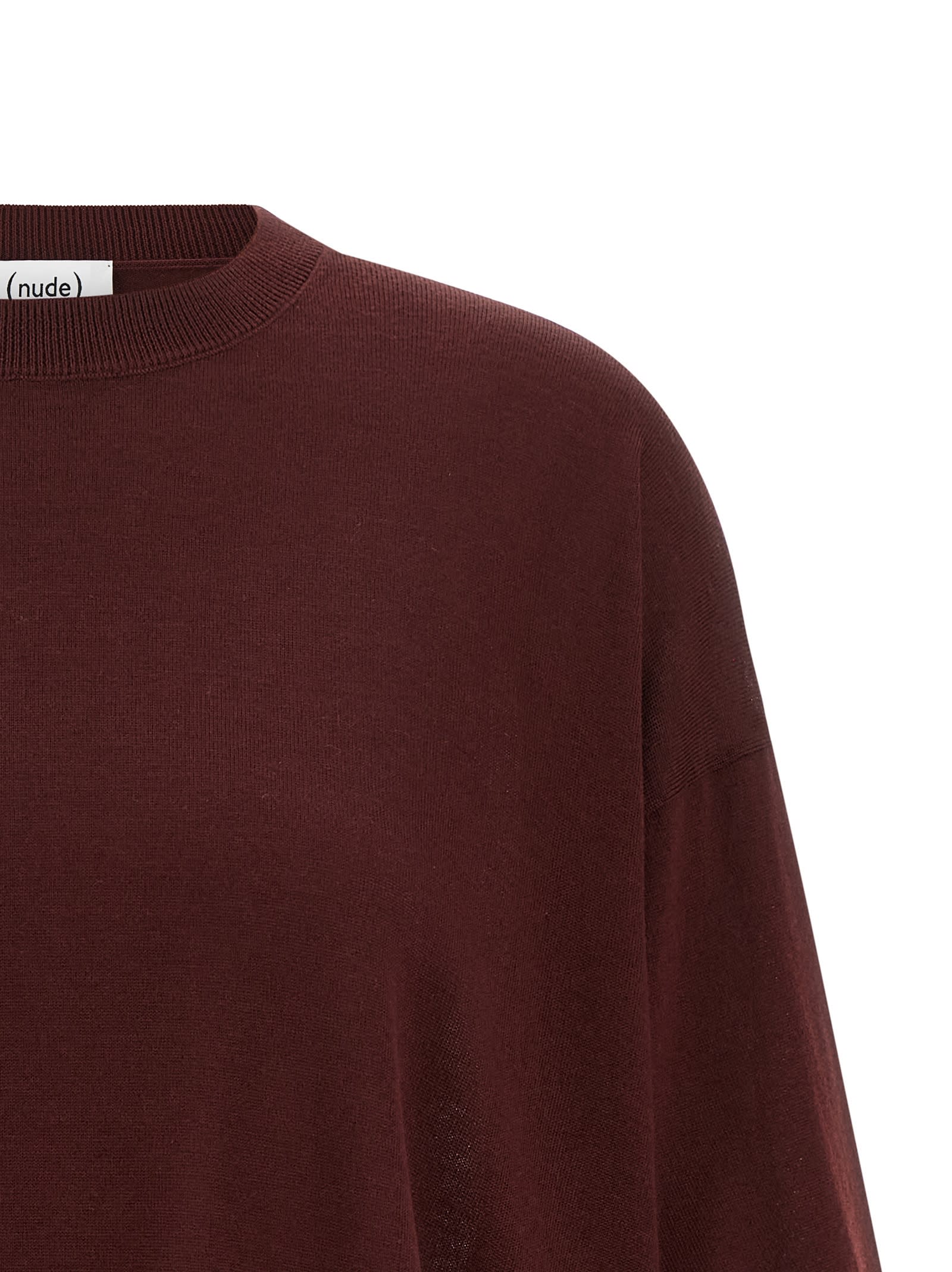 Nude Cropped Wool Sweater With Crew Neck And Asymmetrical Hem In Burgundy