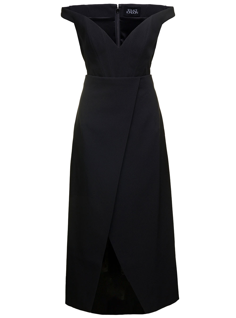 Black Midi Dress With Flared Skirt And Asymmetric Vent In Polyester Woman