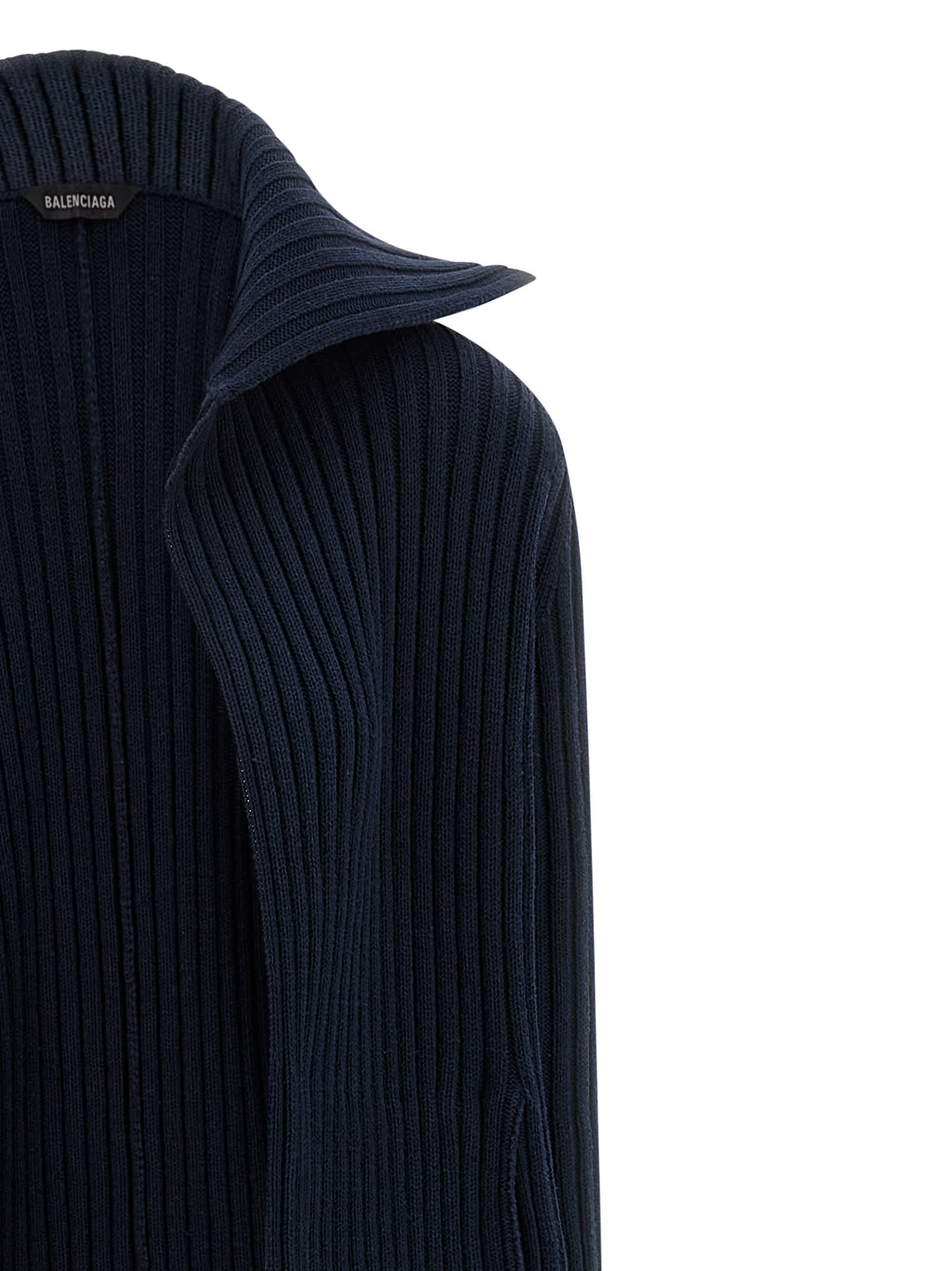 Balenciaga Long Ribbed Cardigan High Collar In Blue