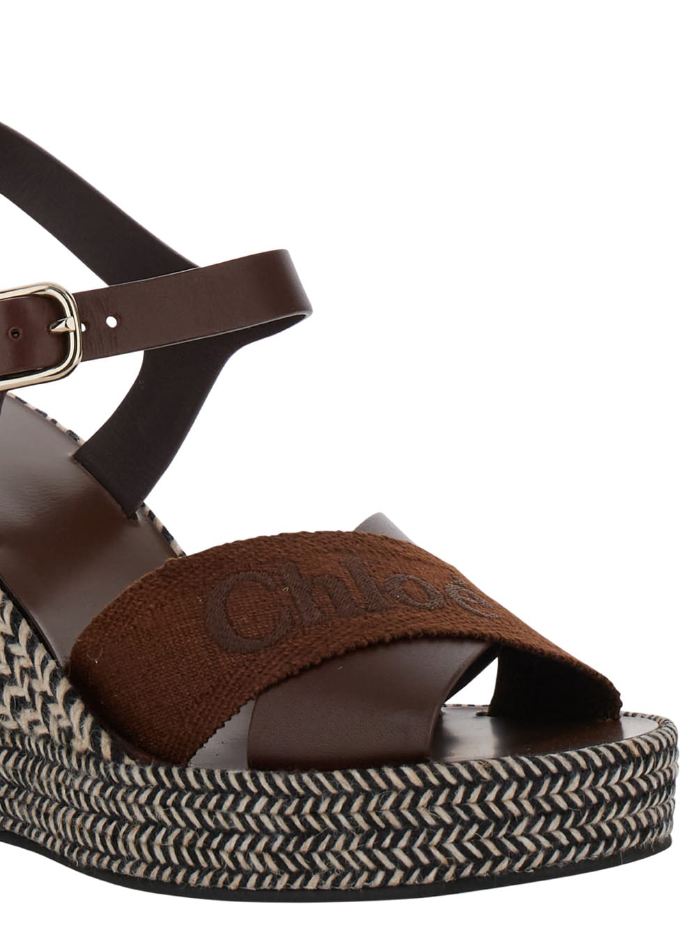 Shop Chloé Piia Brown Espadrillas Sandals With Wedge In Leather And Jute Woman