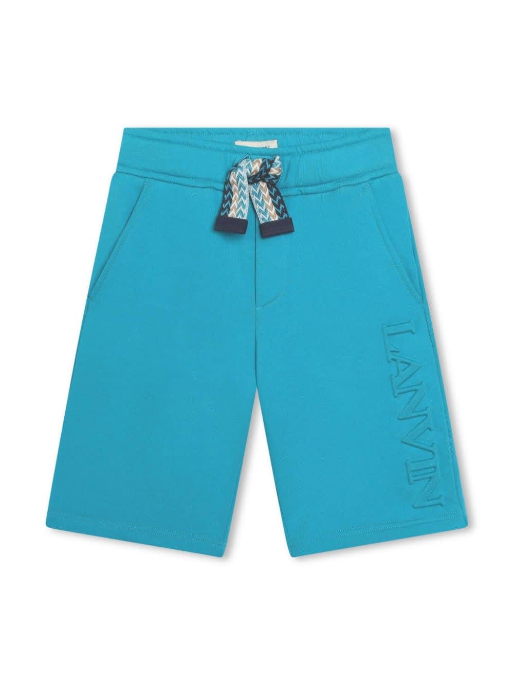 Shop Lanvin Turquoise Shorts With Logo And Curb Motif In Blue