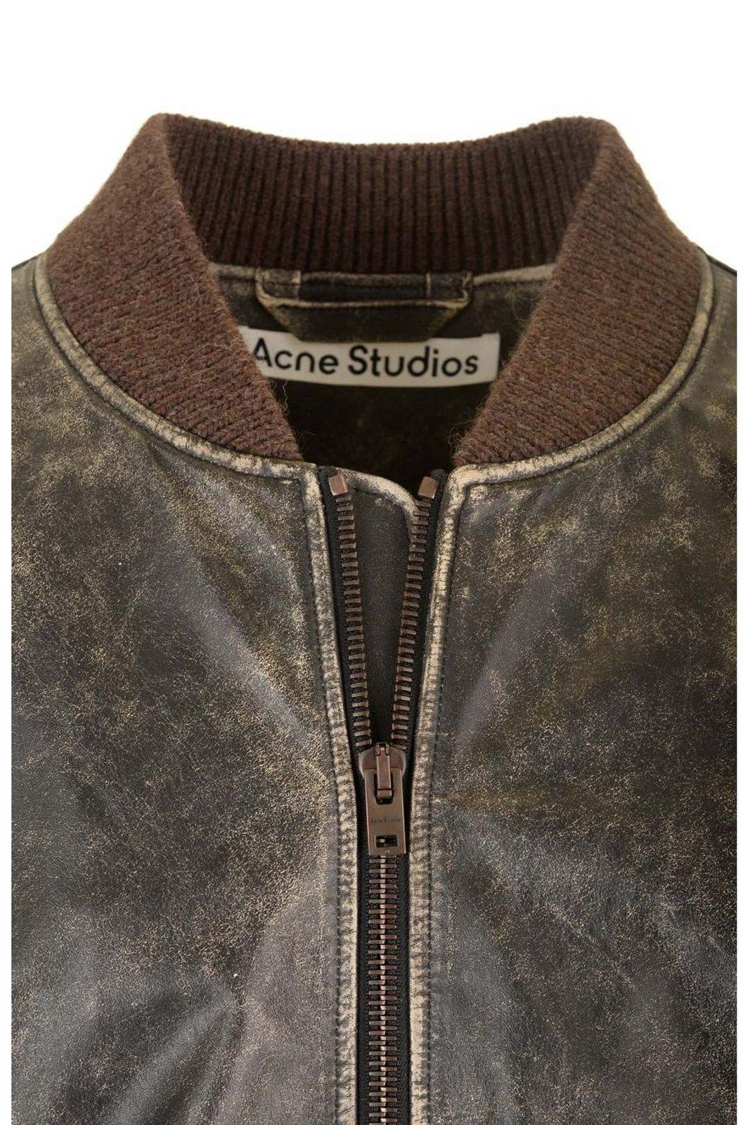 Acne Studios Black Distressed Leather Bomber Jacket In Black