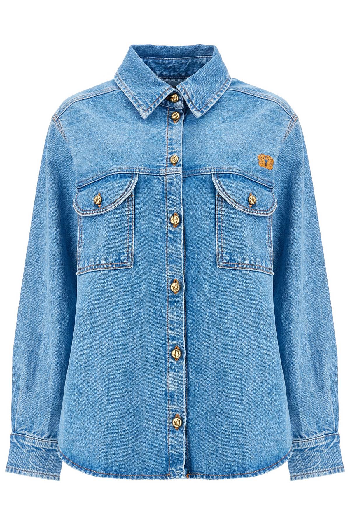 Blue Denim Shirt In Cotton With High Collar