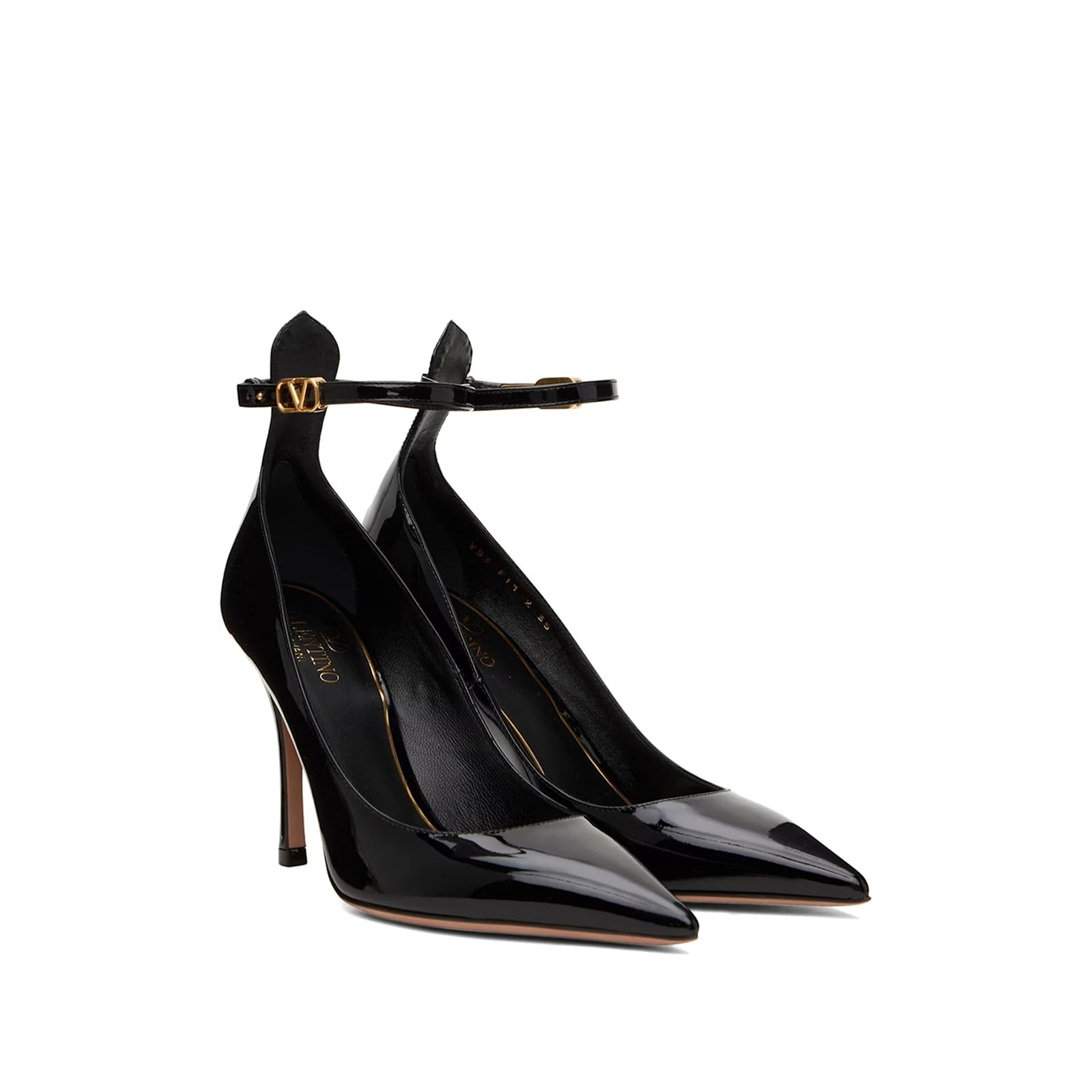 Valentino Garavani Pointed Toe Patent Leather Pumps With Logo Ankle Buckle In Black