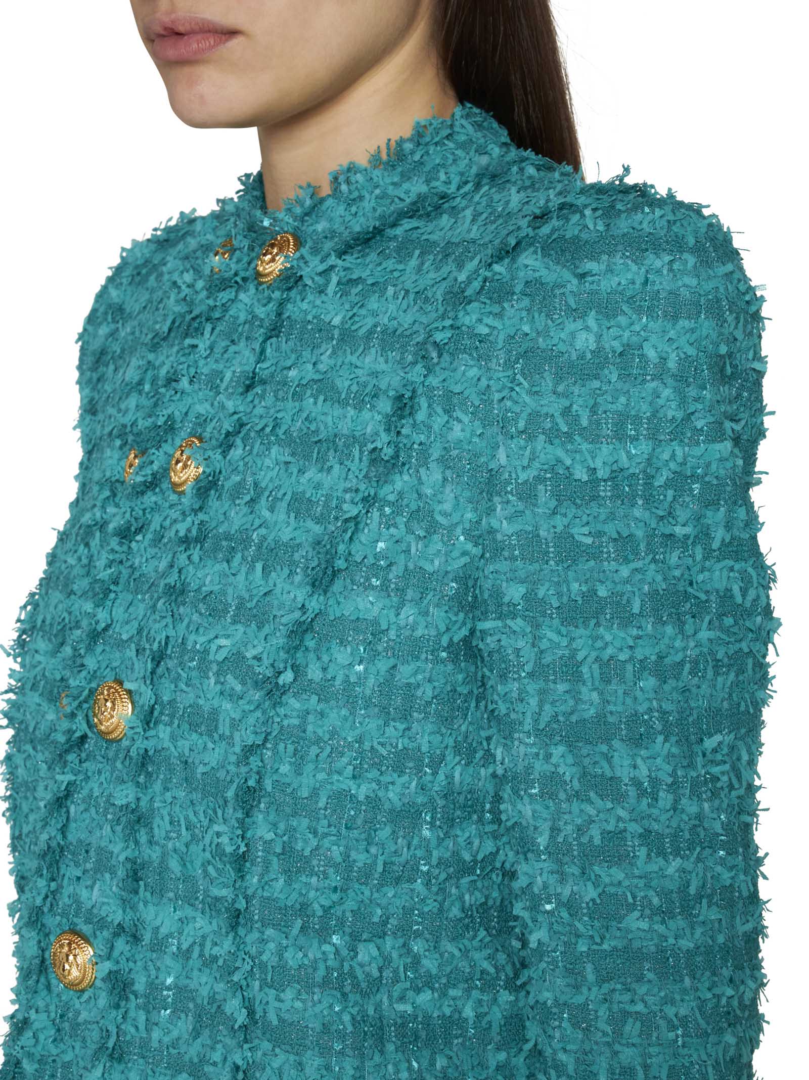 Balmain Fringed Cotton-blend Tweed Jacket In Green