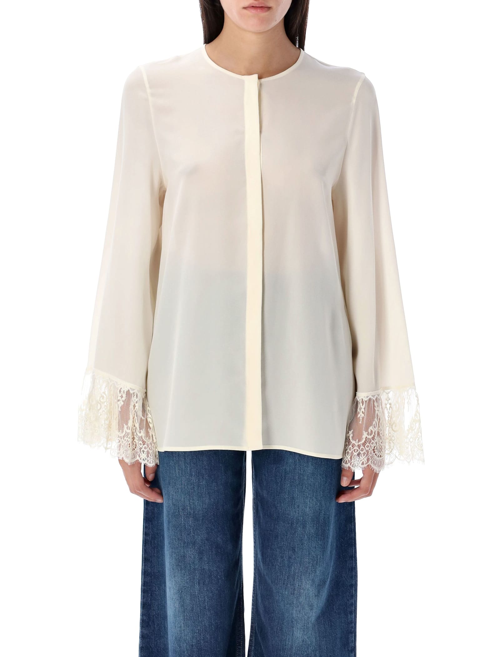 Shop Chloé Blouse Lace Detail Sleeve In Cocunt Milk