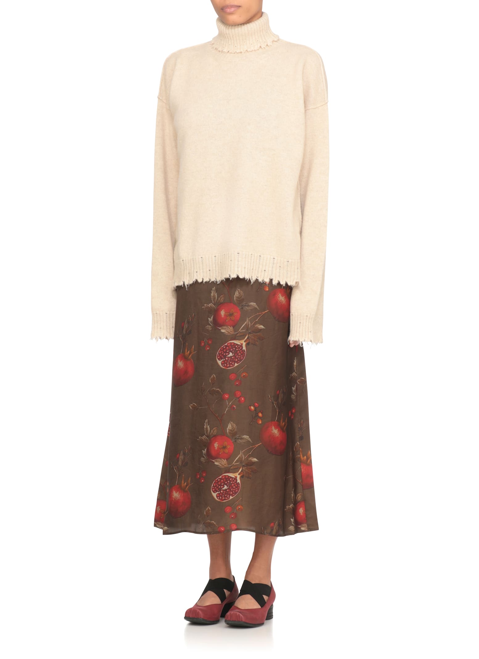 Uma Wang Beige High Neck Cashmere Sweater With Distressed Hem In Neutral