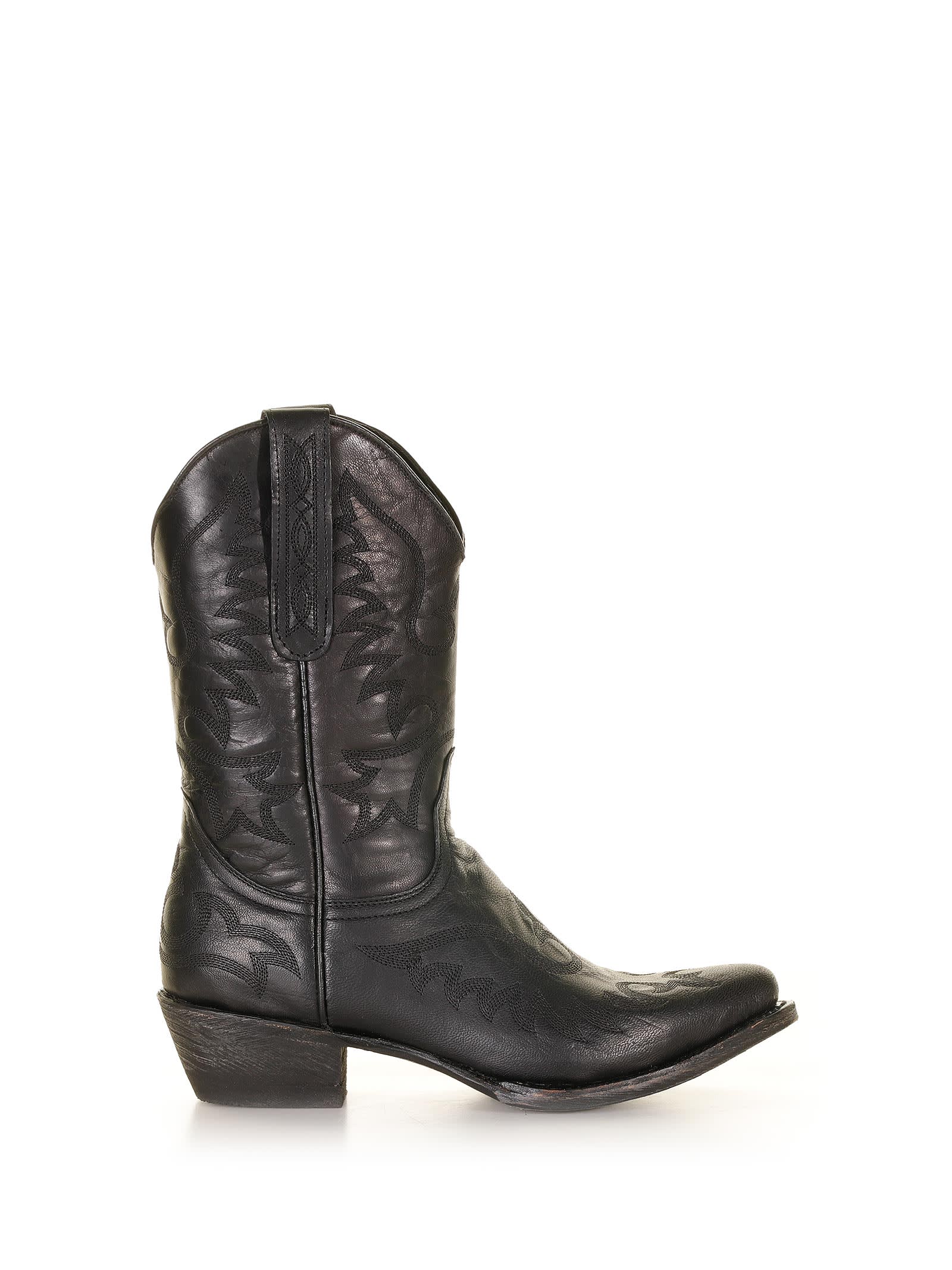 Mexicana Black Pointed Texan Boot In Leather In Becero Negro