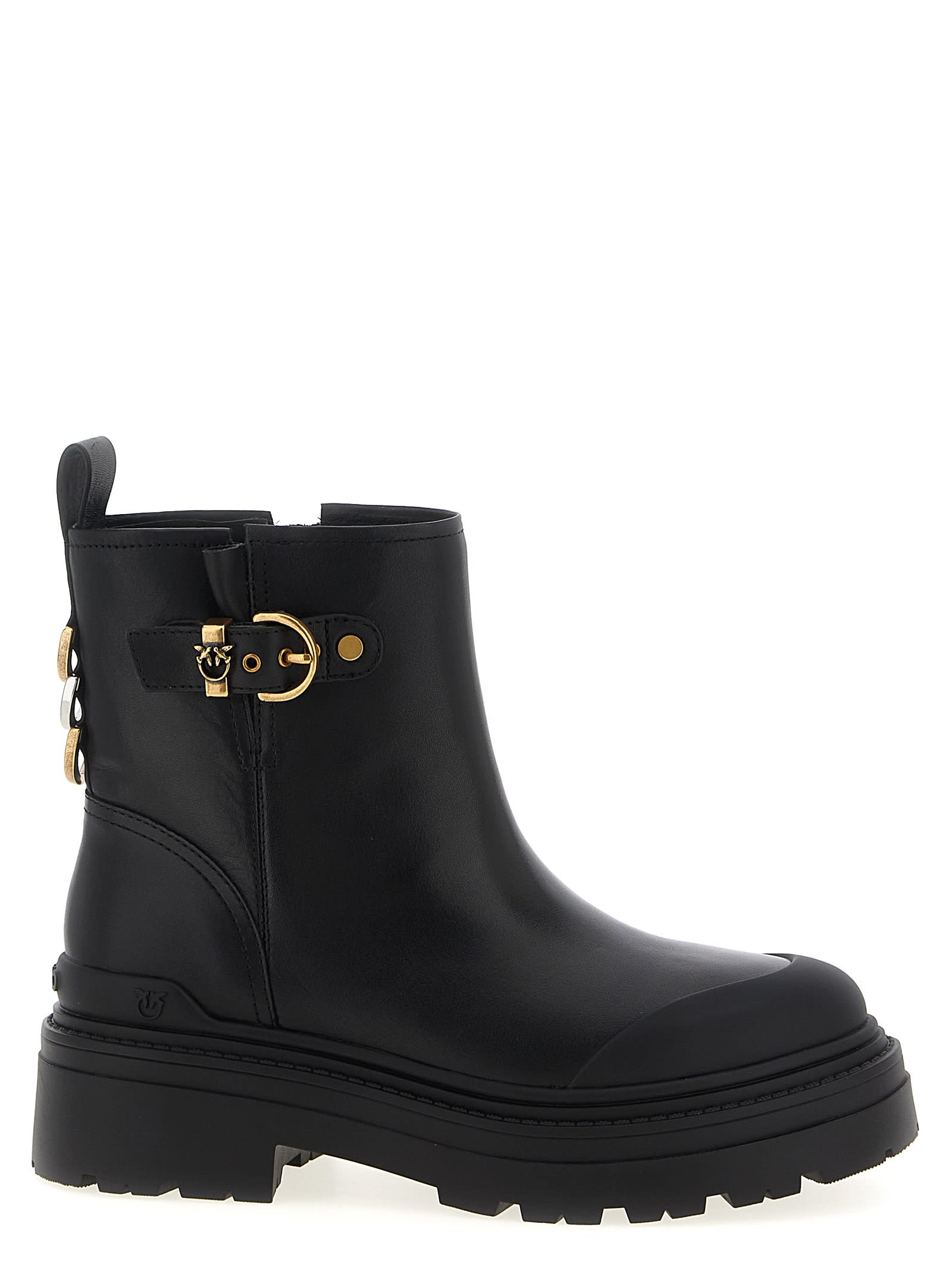 Pinko Leather Booties With Love Birds Logo In Black