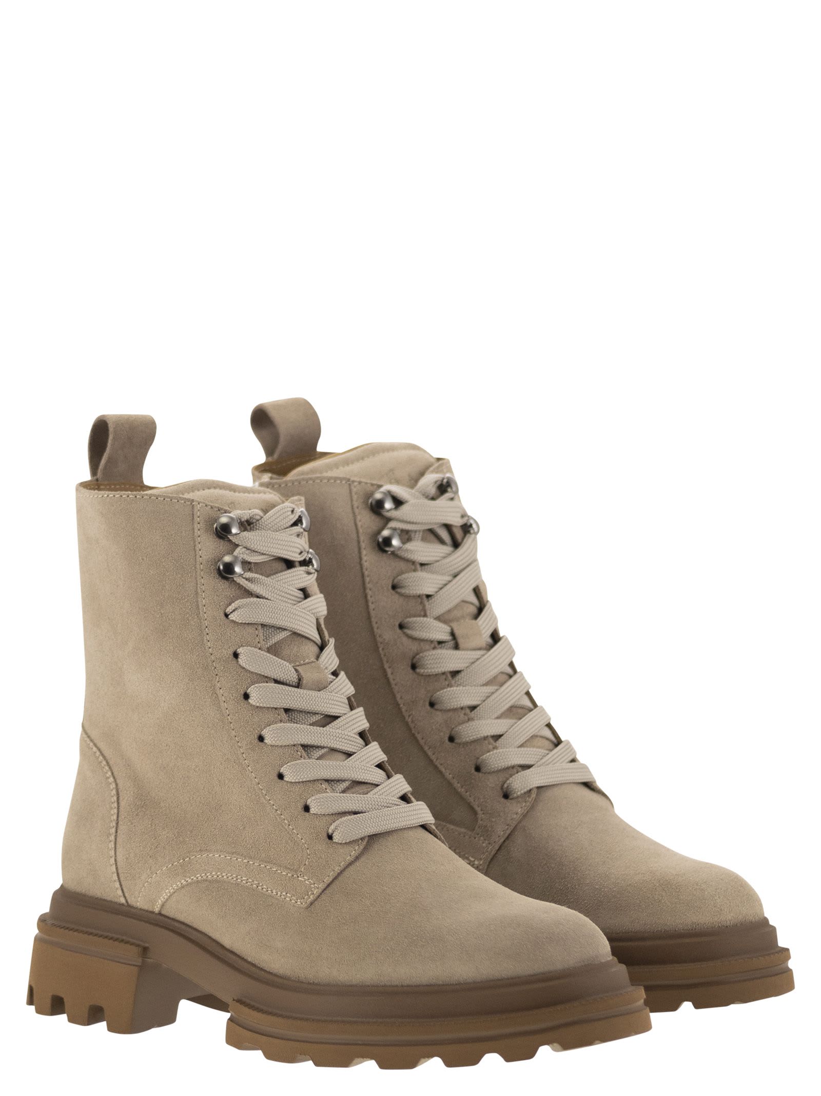 Shop Hogan H674 - Suede Lace-up Boot In Beige