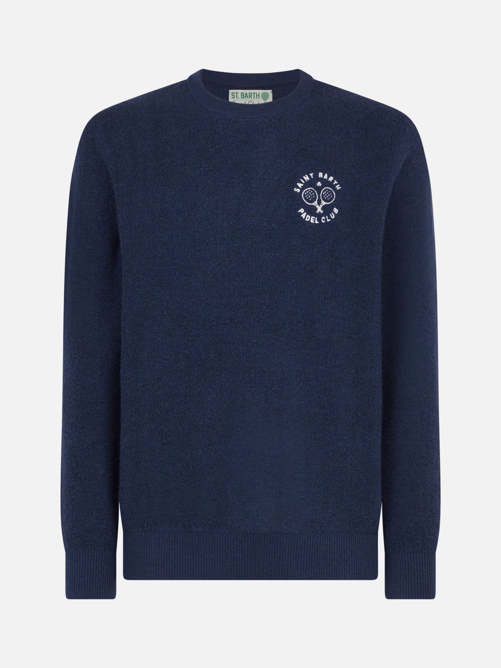 Mc2 Saint Barth Man Crewneck Bluette Bouclé Sweater With Saint Barth Padel Club Embroidery In Blue