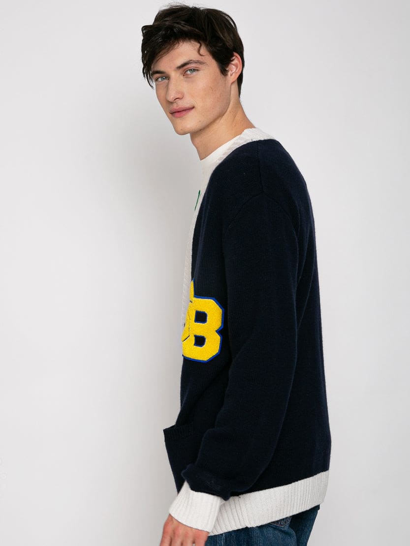 Mc2 Saint Barth Knitted Cardigan With Patch And St. Barth College Embroidery In Blue