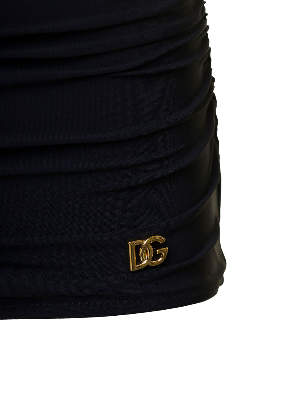 Dolce & Gabbana Black Gathered One-piece Swimsuit With Logo Patch In Stretch Polyamide Woman In Black