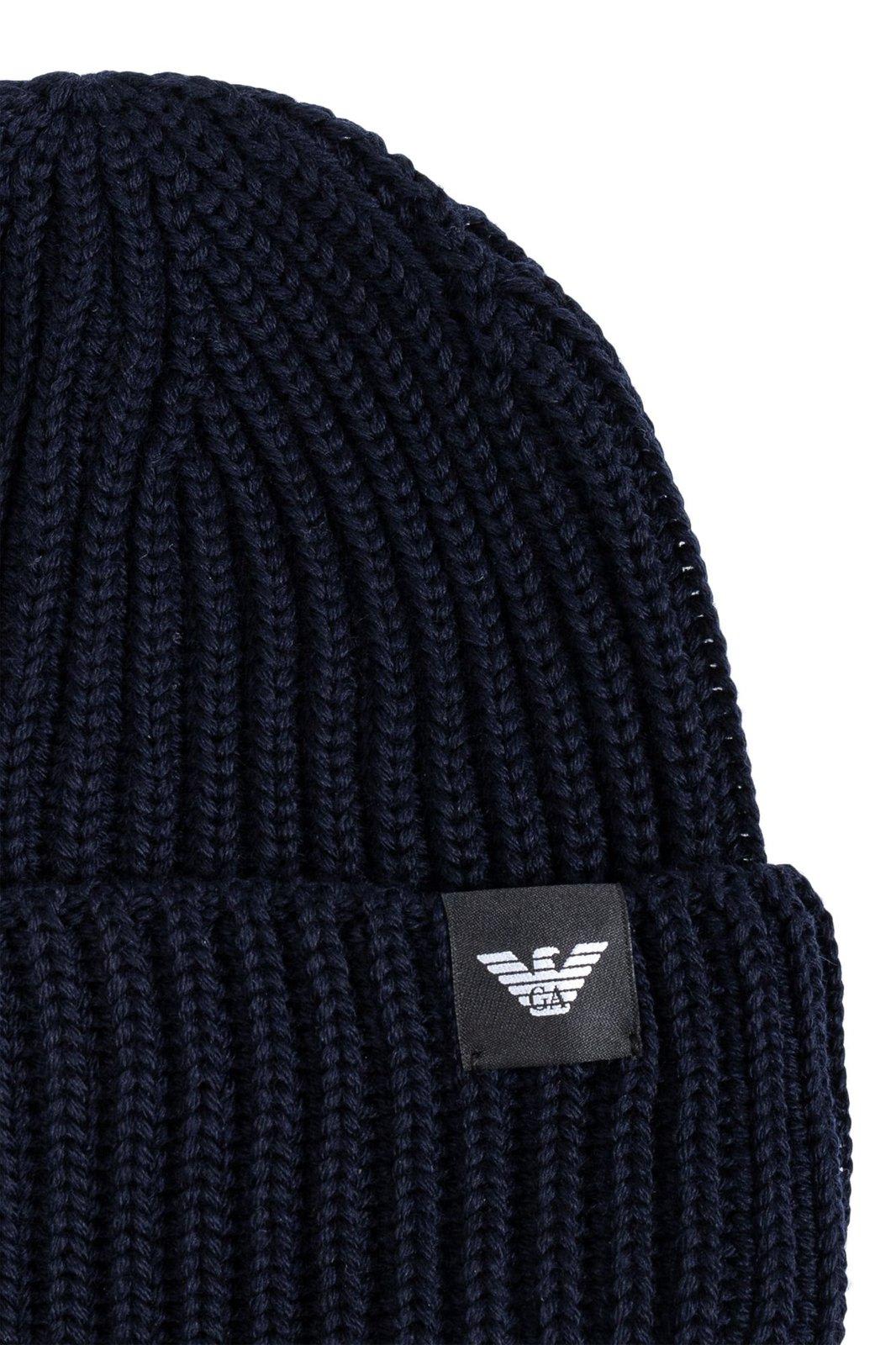 Emporio Armani Logo Patch Turn-up Brim Knitted Beanie In Blue