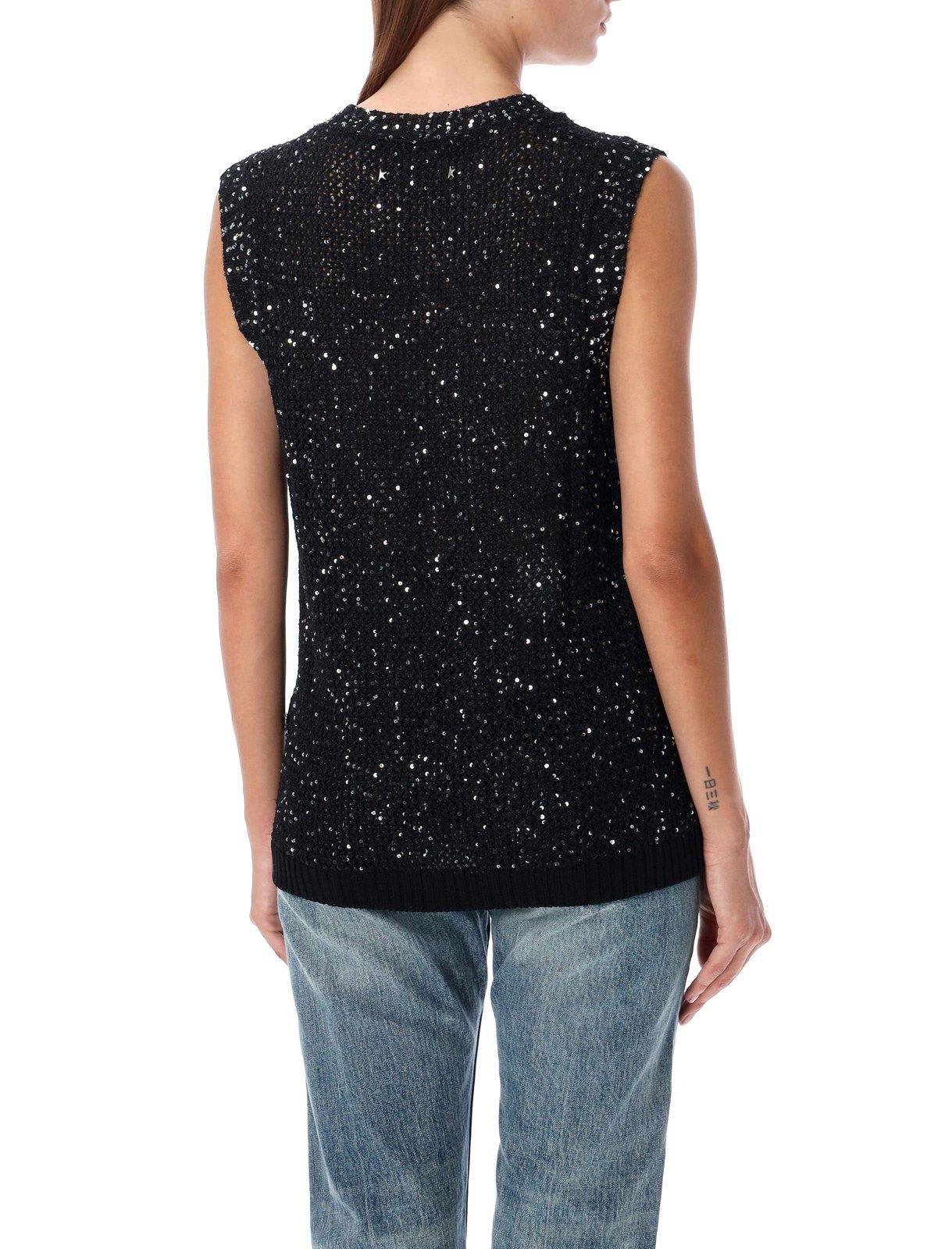 Shop Golden Goose Sequined Mesh Knitted Tank Top In Black