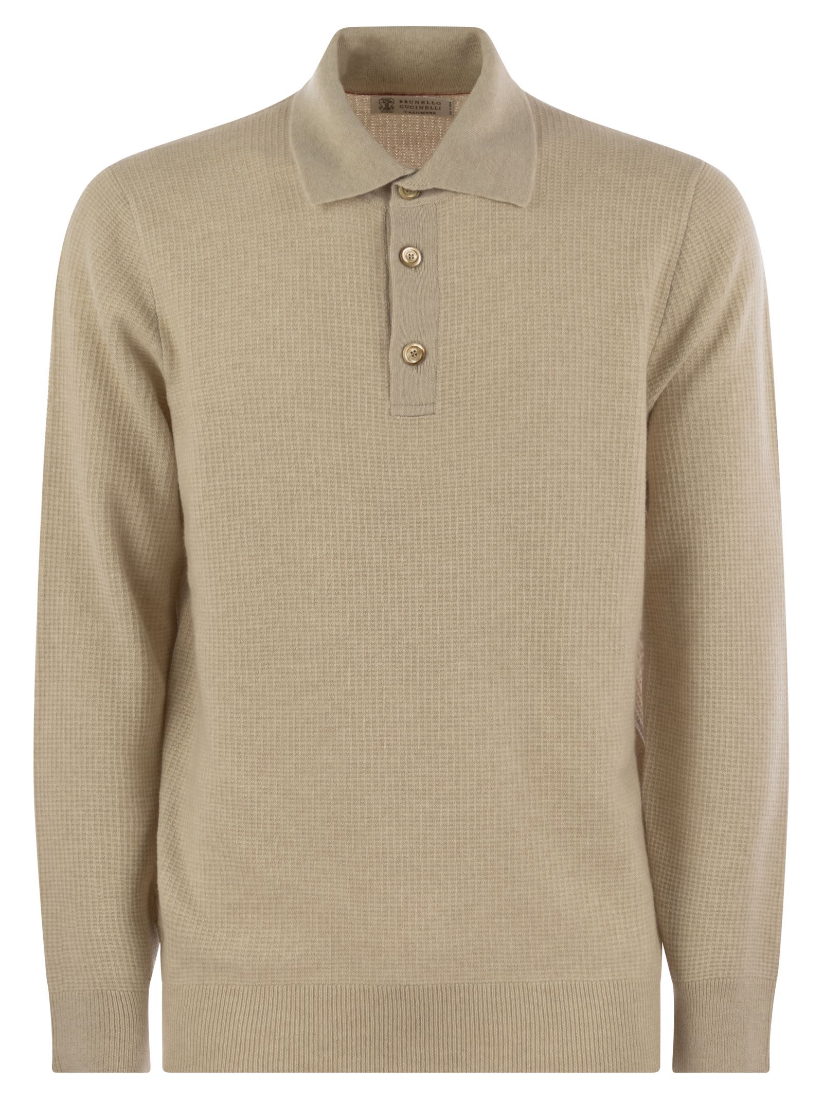 Shop Brunello Cucinelli Waffle Stitch Cashmere Knit Polo Shirt With Long Sleeve In Sand