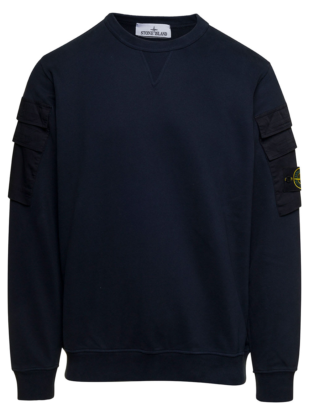 STONE ISLAND BLUE CREWNECK SWEATSHIRT WITH POCKETS ON SLEEVES AND LOGO PATCH IN COTTON MAN
