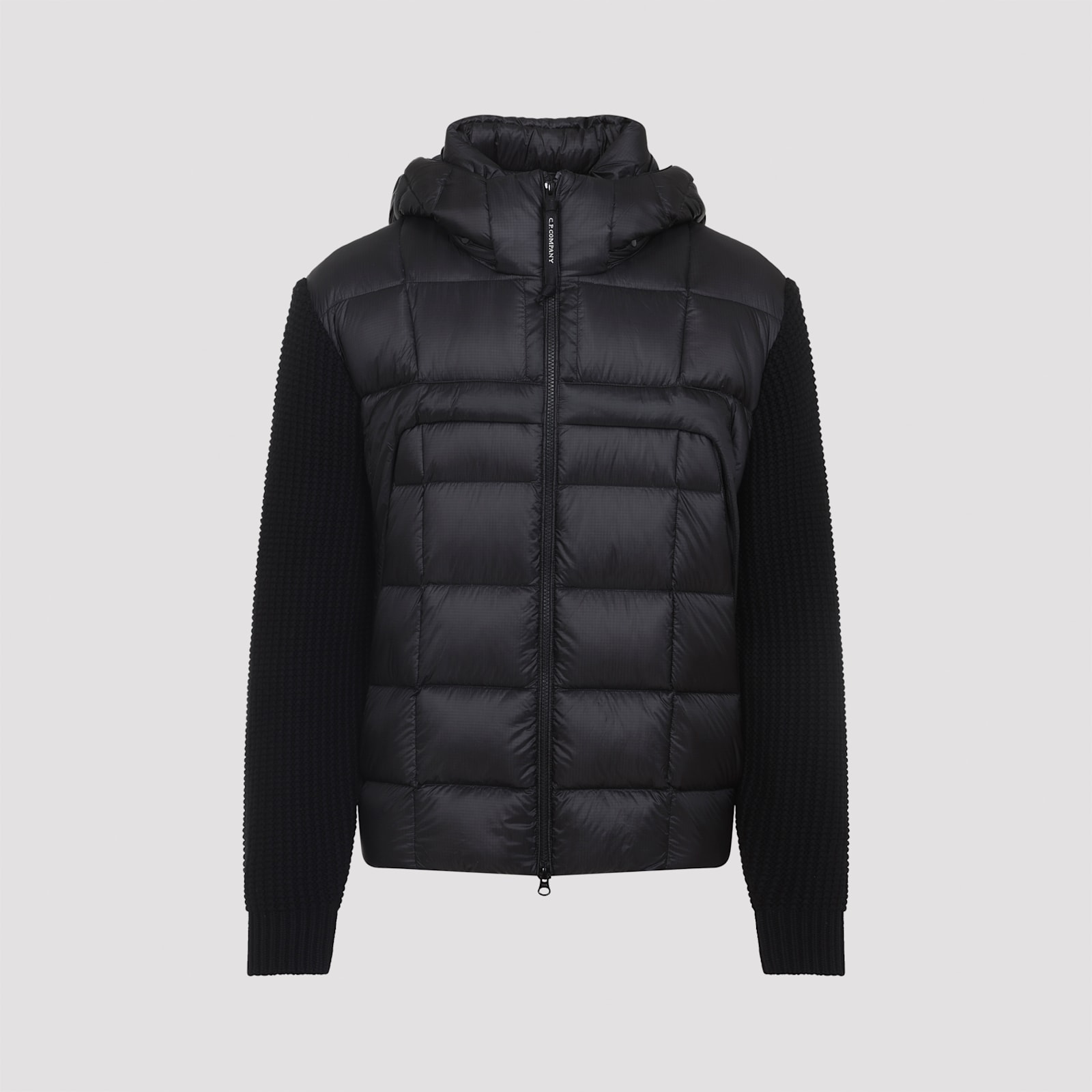 C.p. Company Black Wool Knit Jacket With Padded Hood In Black