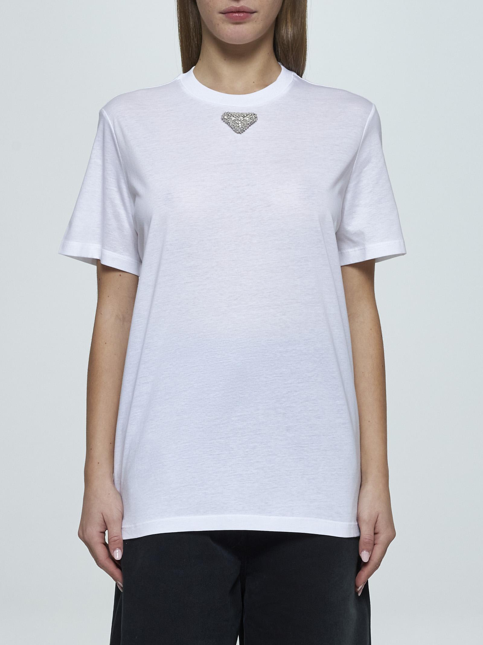 Prada White T-shirt In Jersey With Embroidered Triangle Logo Women In Bianco