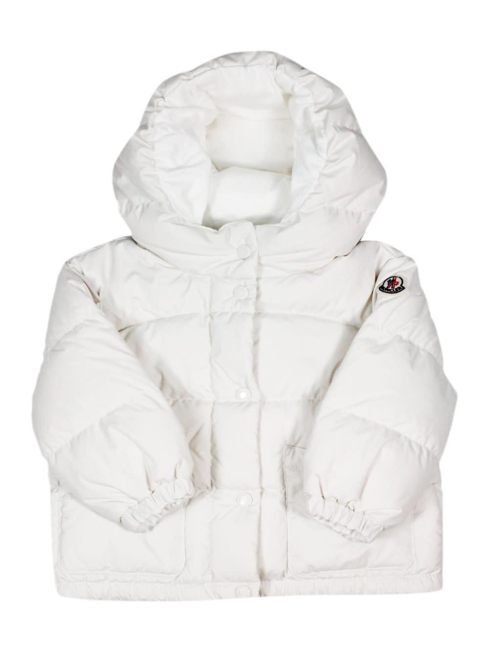 Shop Moncler Ebre Down Jacket Padded With Real White Goose Down With Hood, Zip And Snap Button Closure And Front 