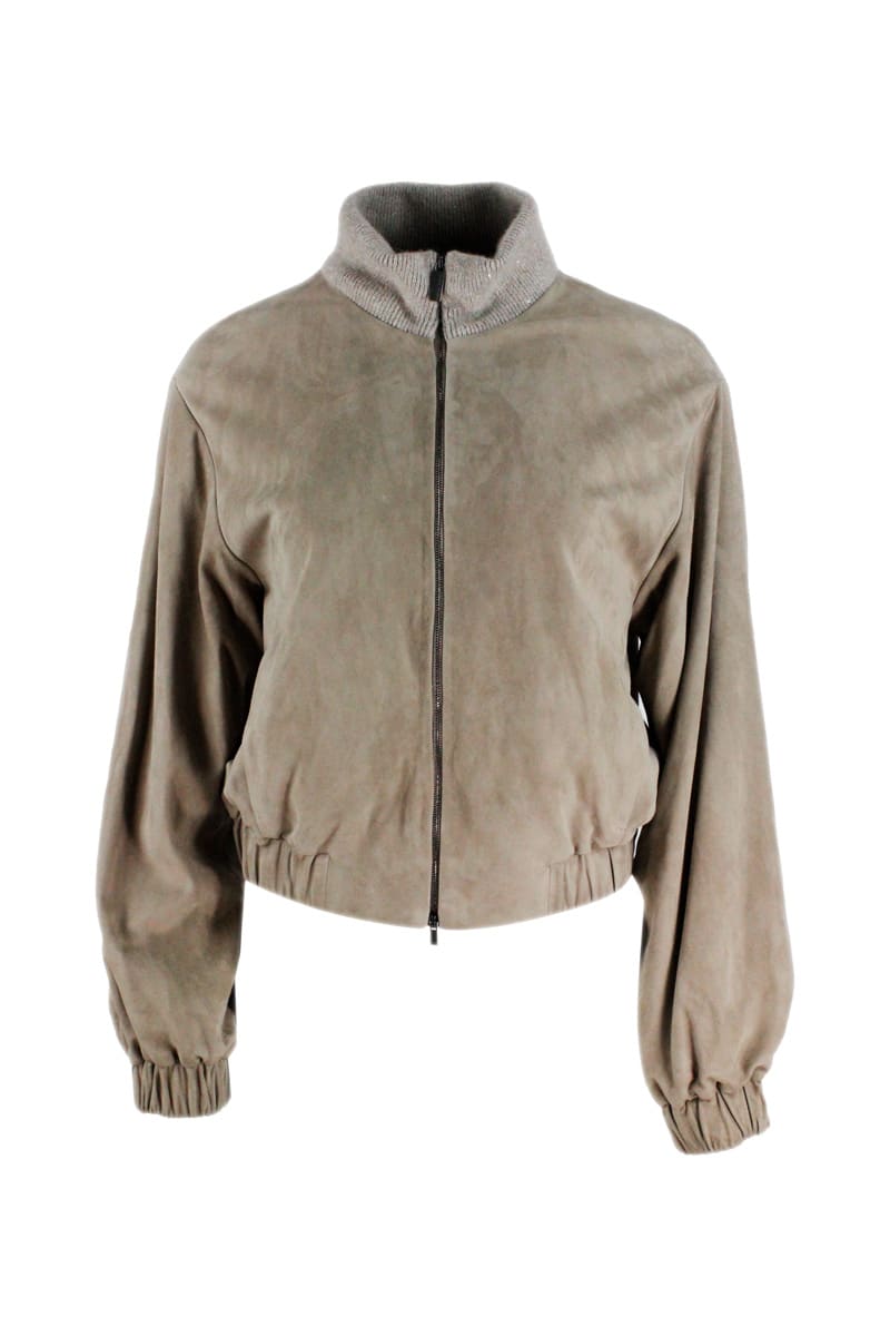 Fabiana Filippi Suede Bomber Jacket With Knit Collar Embellished With Micro Sequins