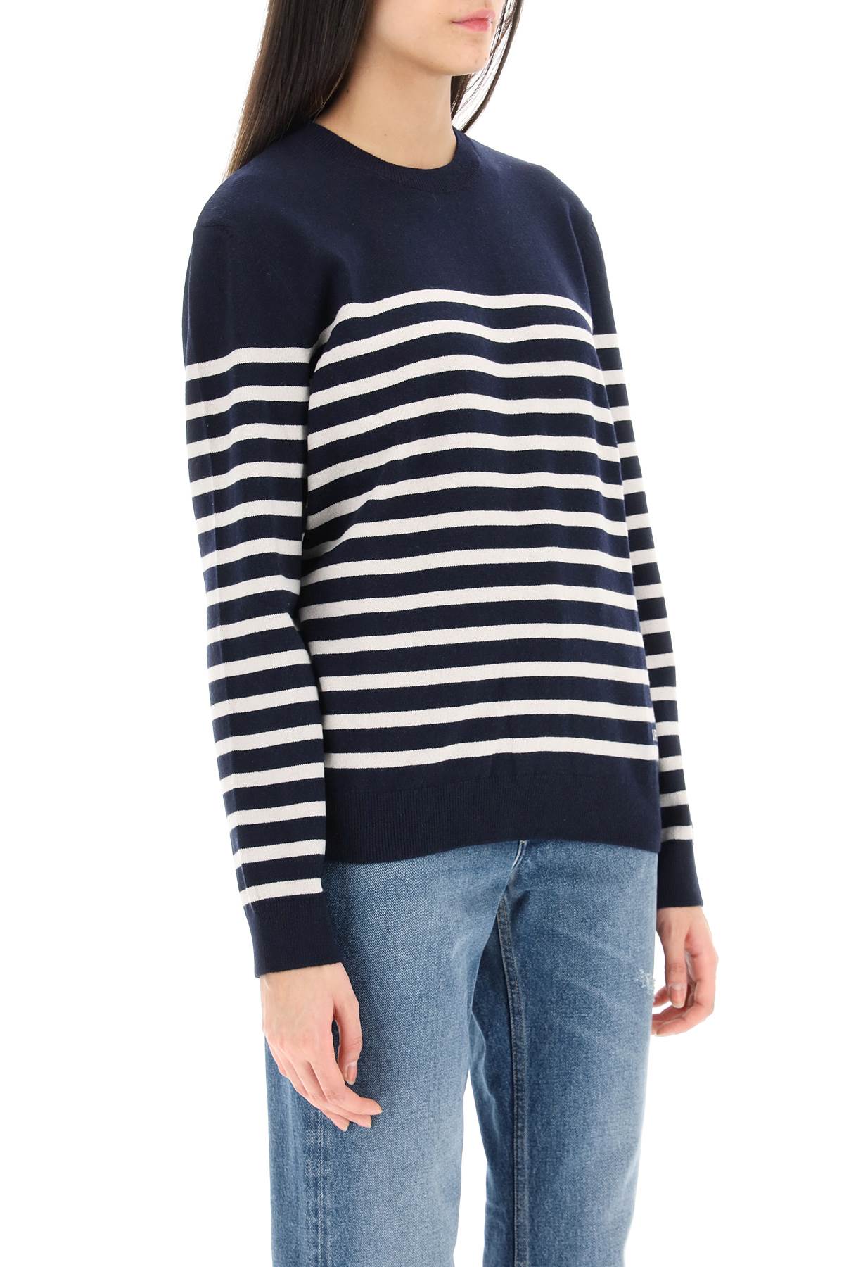 Shop Apc Phoebe Striped Cashmere And Cotton Sweater In Dark Navy (blue)