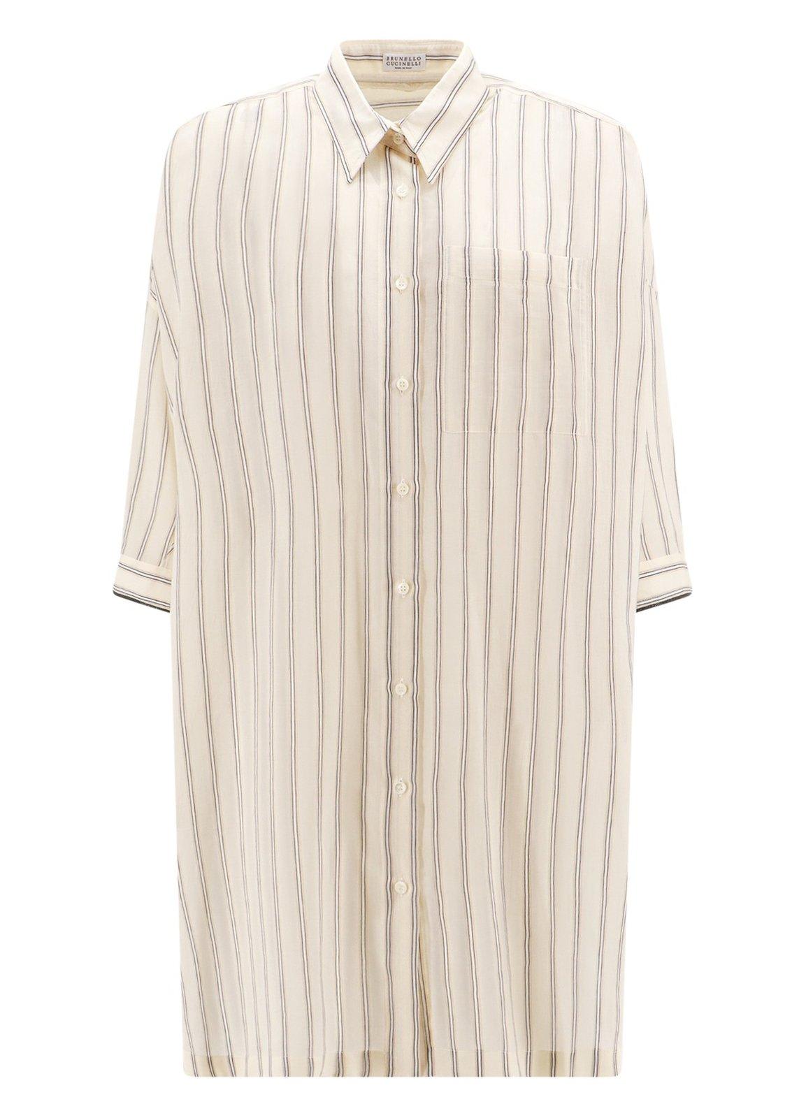 Shop Brunello Cucinelli Striped Buttoned Shirt In Neutrals/grey