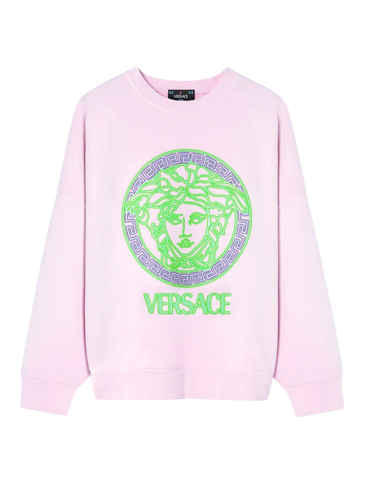 Versace Sweatshirt Sweatshirt Fabric Series Neon Effect Logo Print In Baby Pink Neon Green Neon Lavander