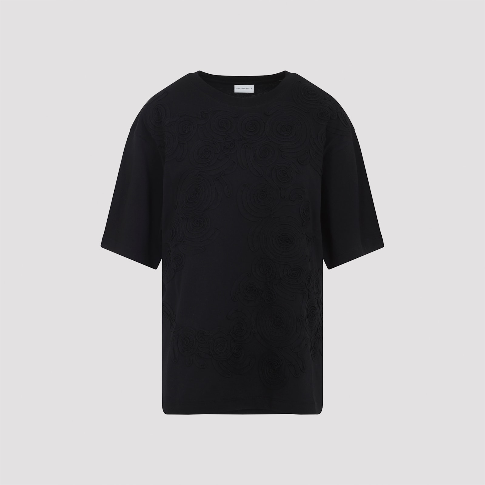 Dries Van Noten Black Short-sleeve T-shirt With Tonal Swirl Embroidery In Black