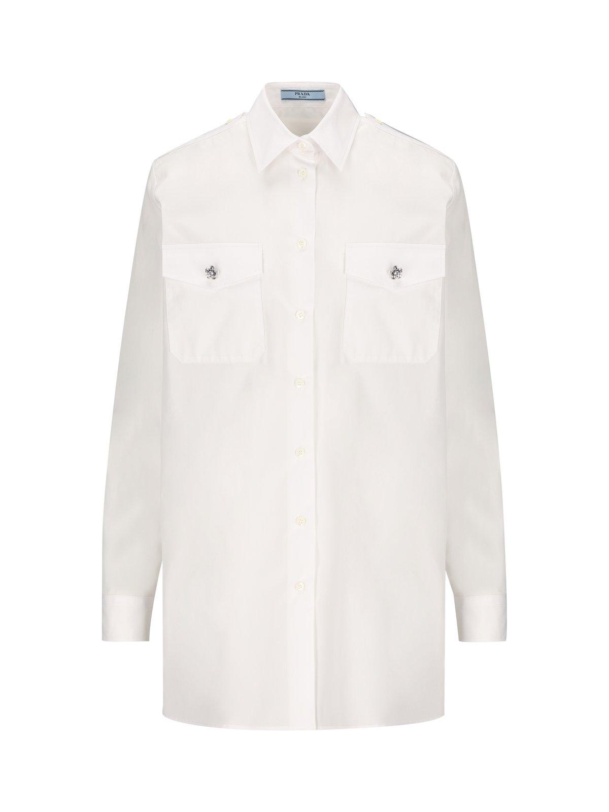 Prada Embellished Long-sleeved Buttoned Shirt In Bianco