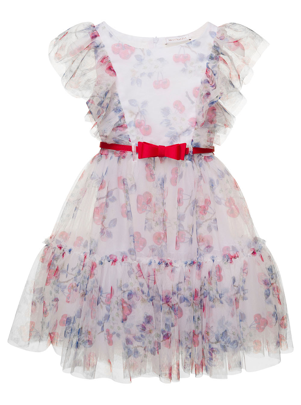MONNALISA MULTICOLOR DRESS WITH RUFFLE CAP SLEEVES, FLOREAL PRINT AND WAIST BELT IN TULLE WOMAN