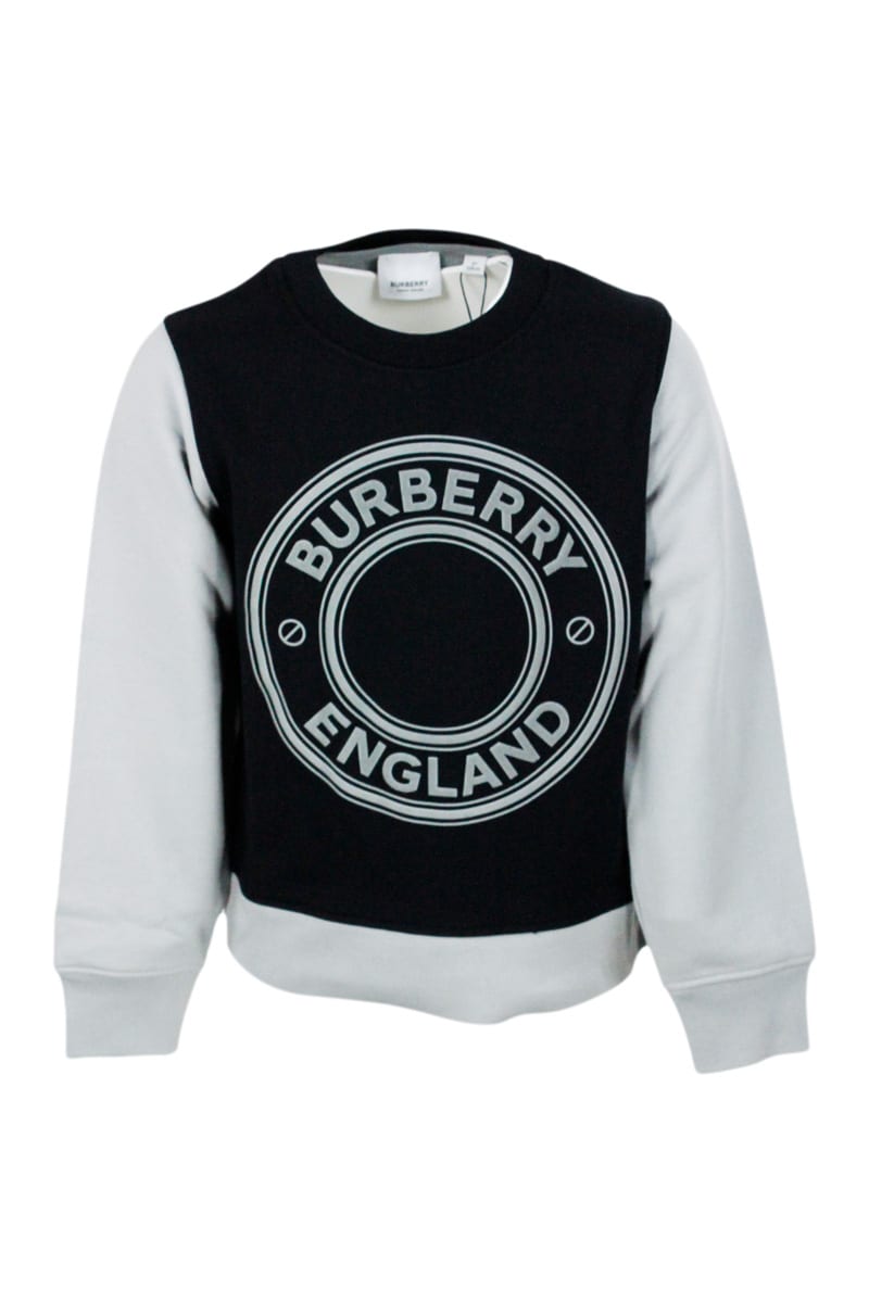 Shop Burberry Cotton Crewneck Sweatshirt With Central Rubberized Logo In Relief With Sleeves And Bottom In Contras In Black