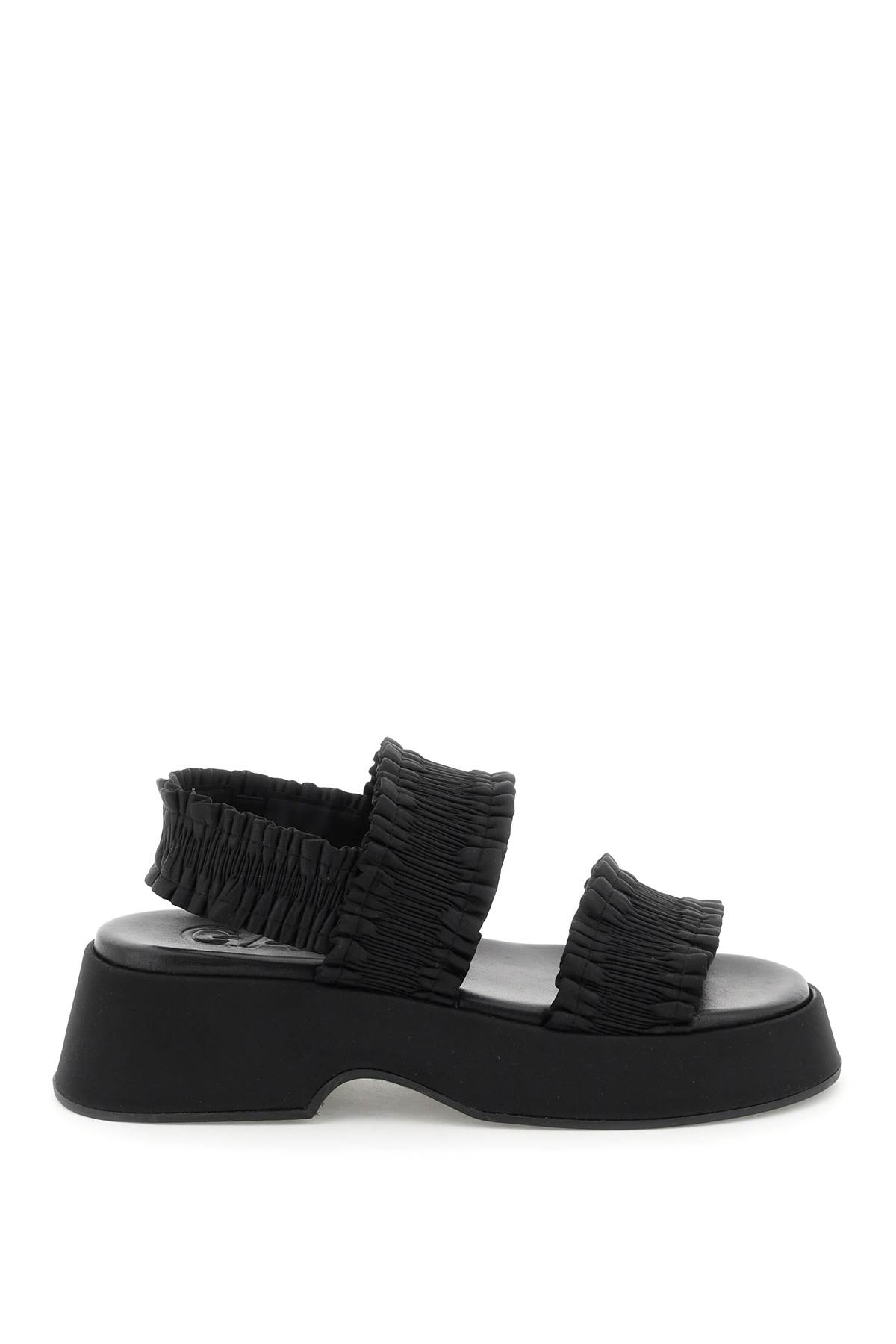 Ganni Ruffled Satin Platform Slingback Sandals In Black (black)