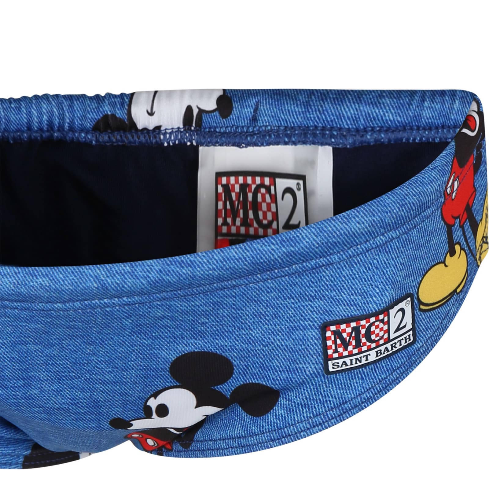 Shop Mc2 Saint Barth Blue Swim Briefs For Boy With Mickey Mouse Print And Logo