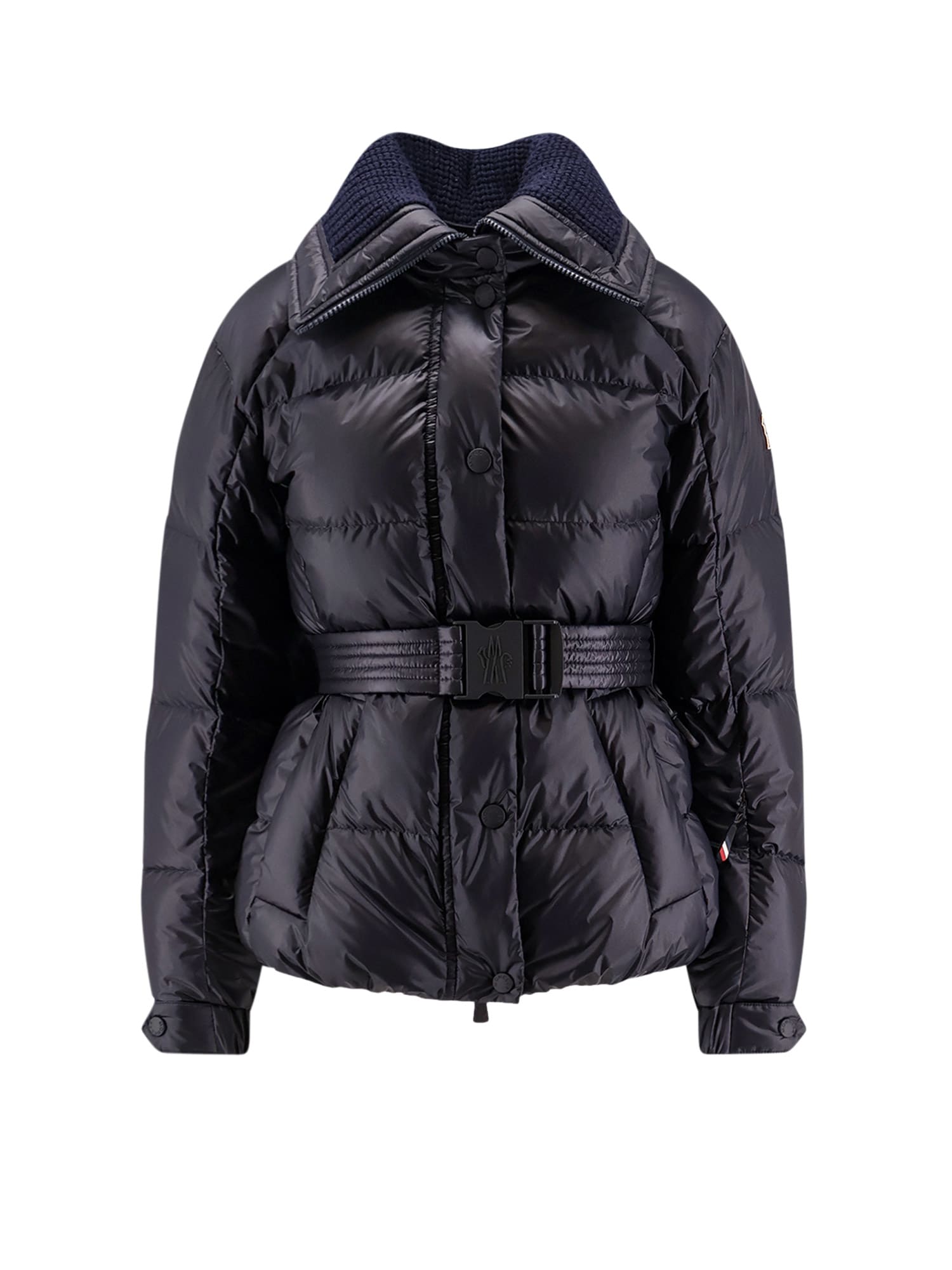 Moncler Puffer Jacket With Belted Waist And High Collar In Blue