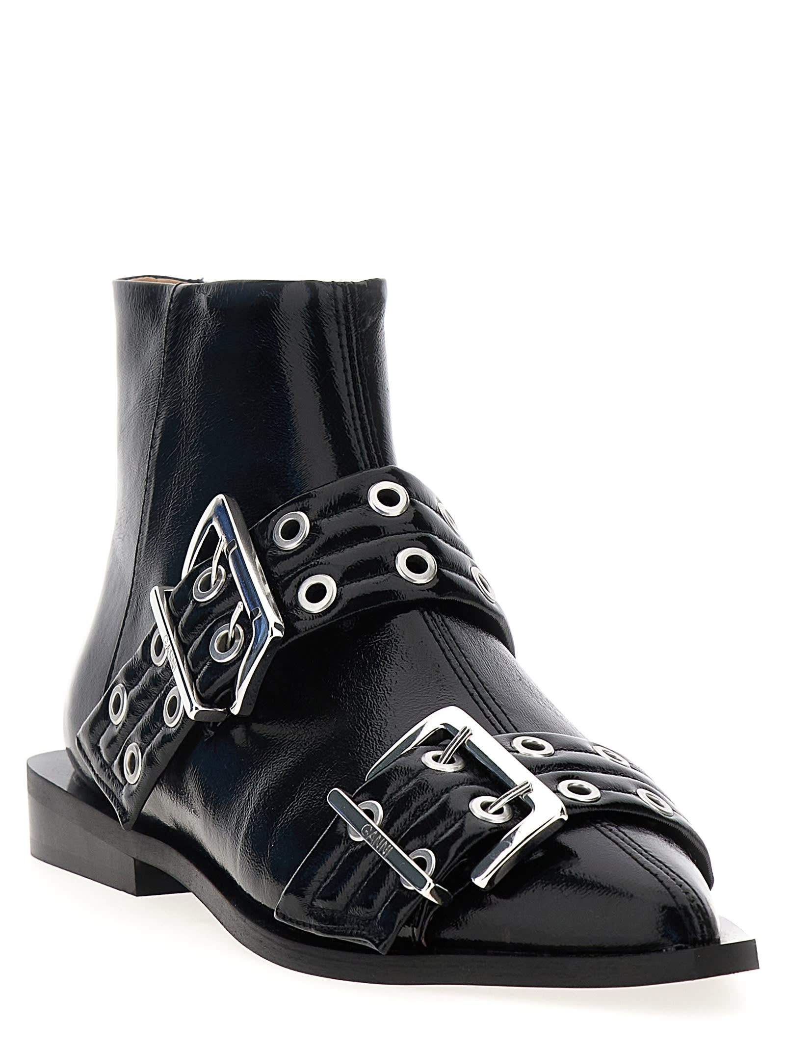 Shop Ganni Wide Belt Buckle Ankle Boots In Black