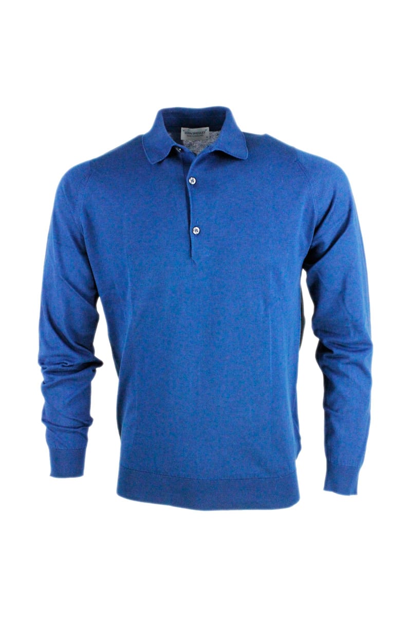 Shop John Smedley Long-sleeved Polo Shirt In Cotton Thread With 3-button Closure In Blu