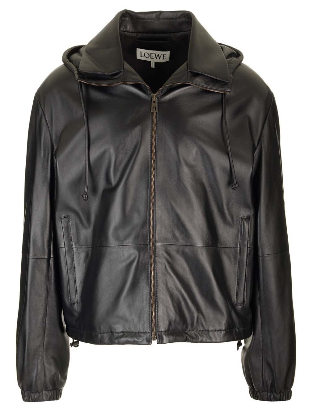 Shop Loewe Hooded Zipped Leather Jacket In Black