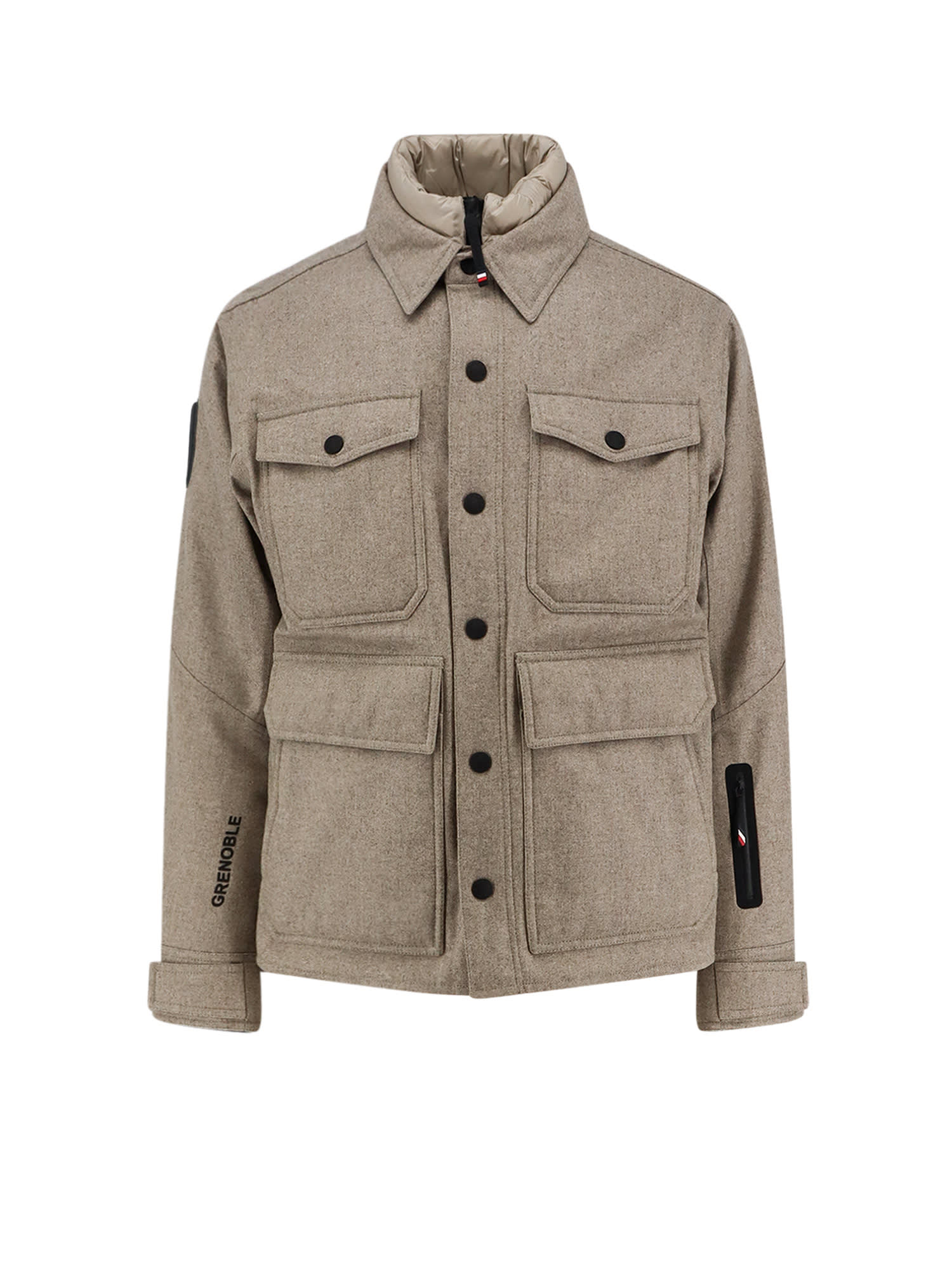 Moncler Virgin Wool Jacket With High Collar And Pockets In Neutral