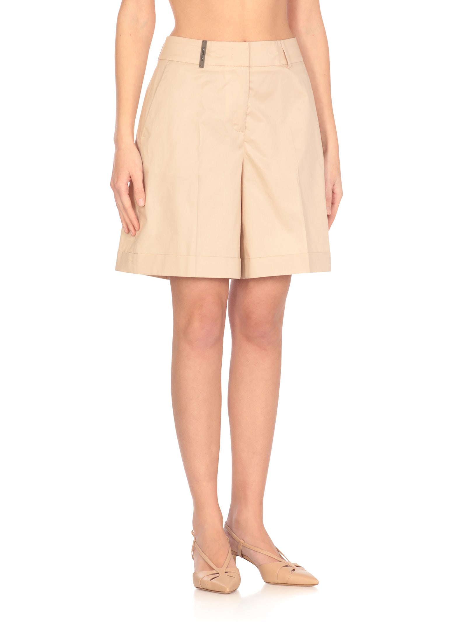 Peserico High Waist Cotton Shorts With Leather Detail In Neutral